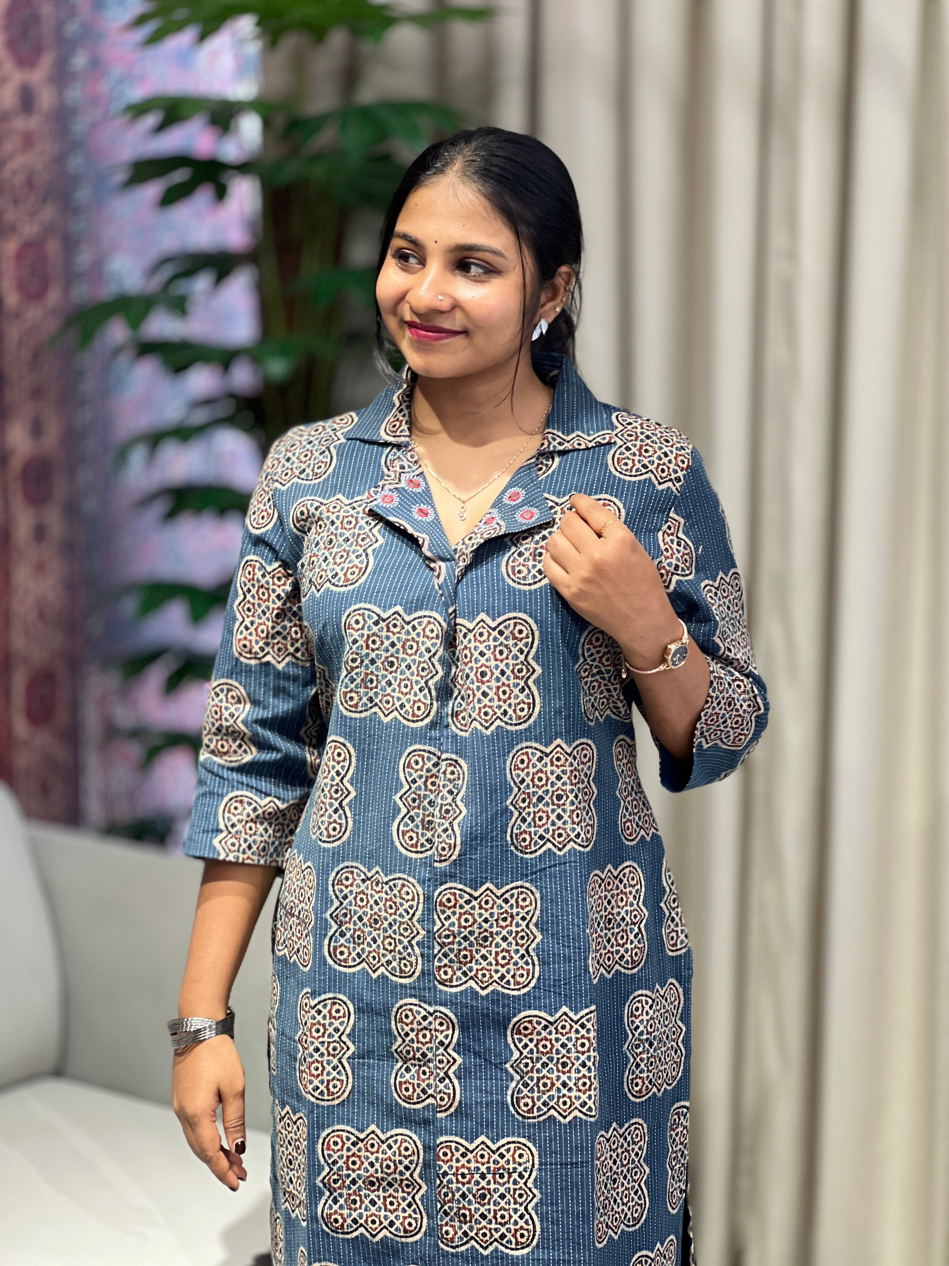 Printed With Kantha Highlighted Cotton Kurta | DNT984