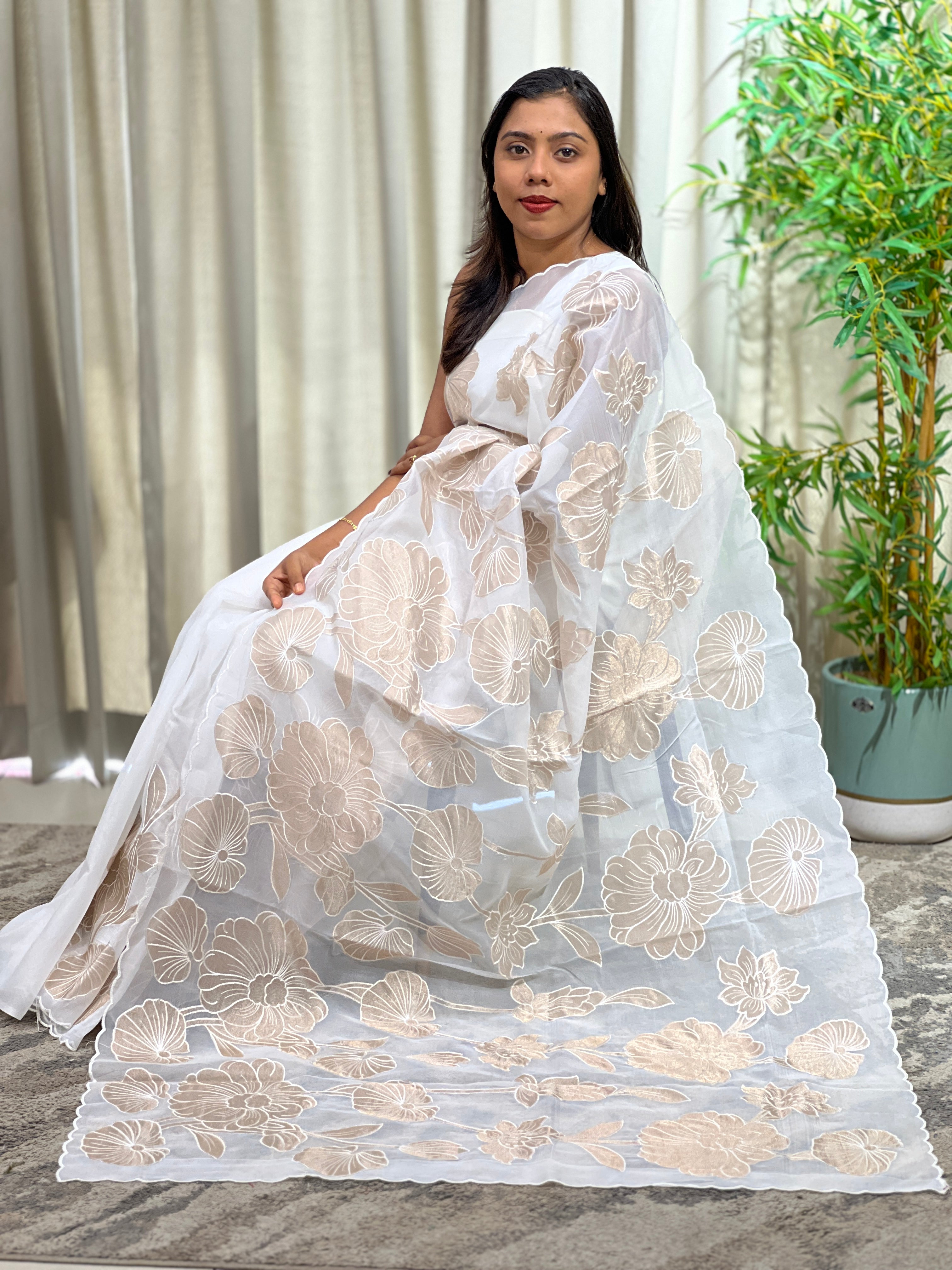 Floral Applique Viscose Organza Saree | ZSS272