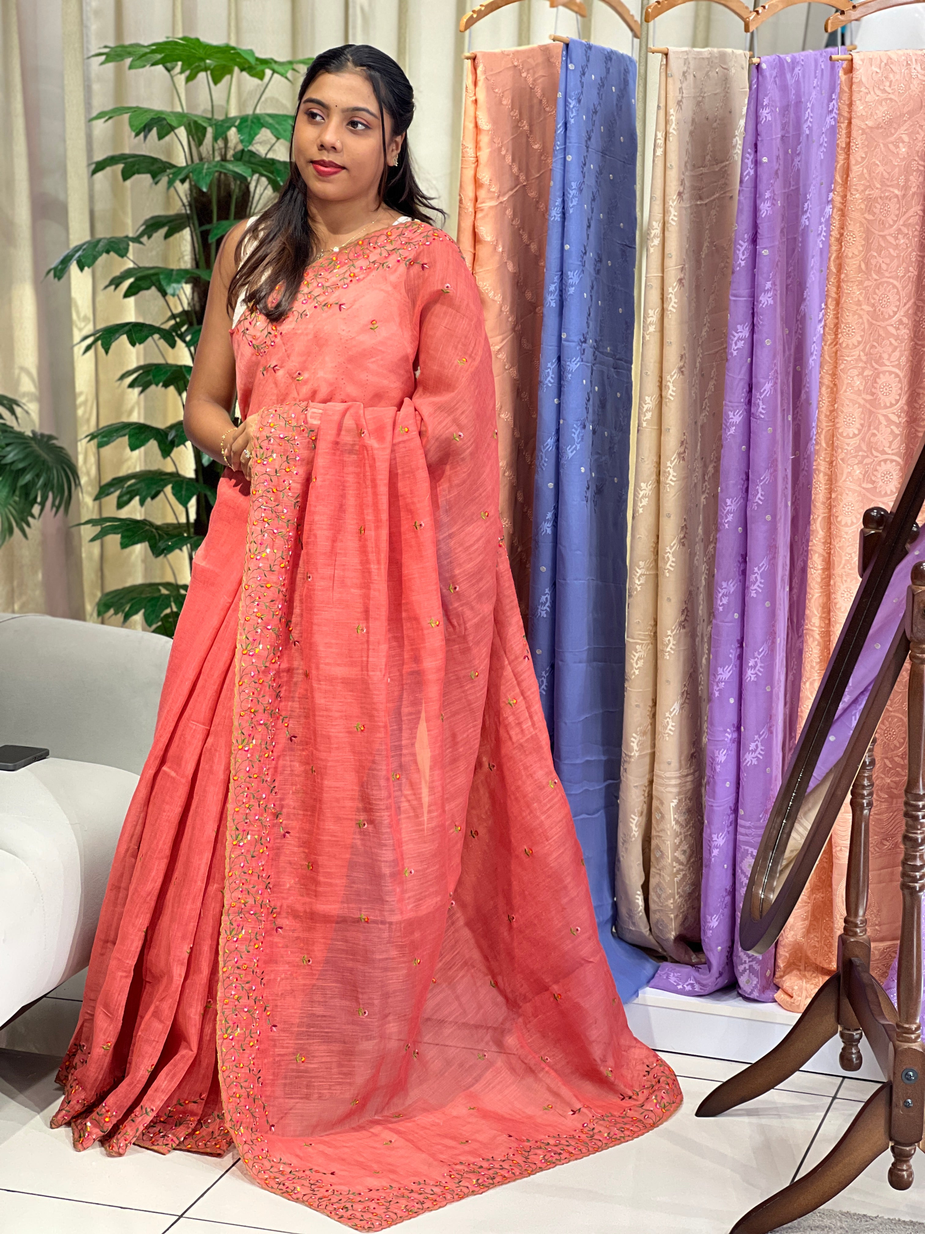Floral Machine Embroidered Semi Linen Saree | RP834
