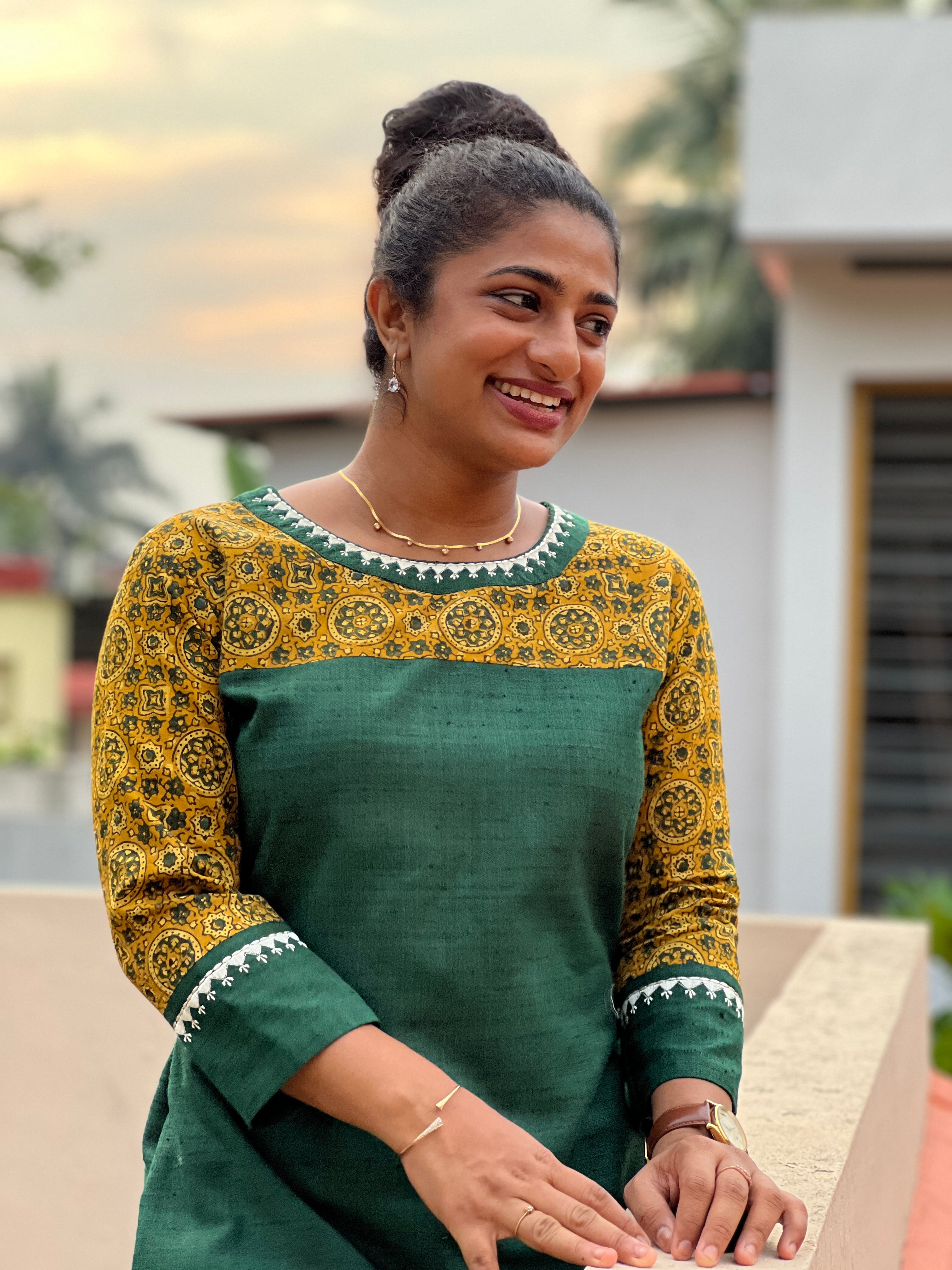 Ajrak Print Pattern With Emroidery Patch Raw CottonKurta Material | DN721
