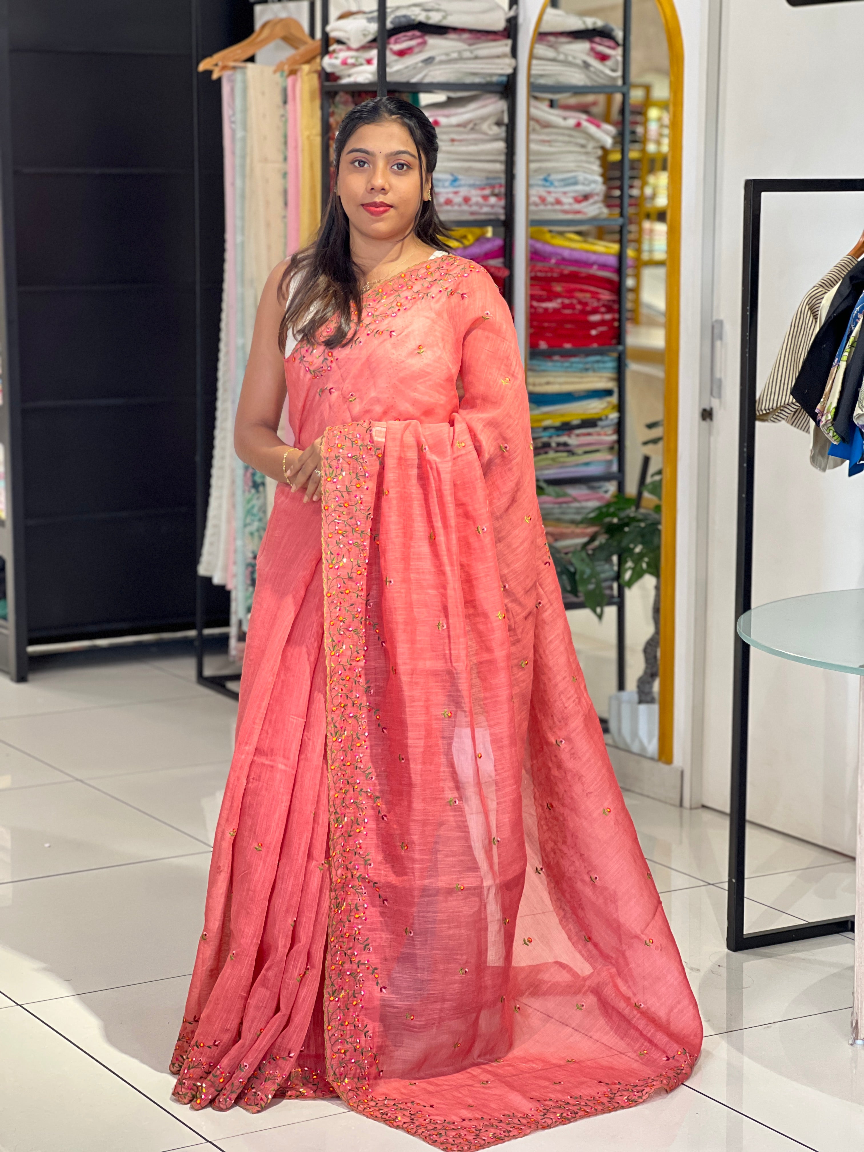 Floral Machine Embroidered Semi Linen Saree | RP834