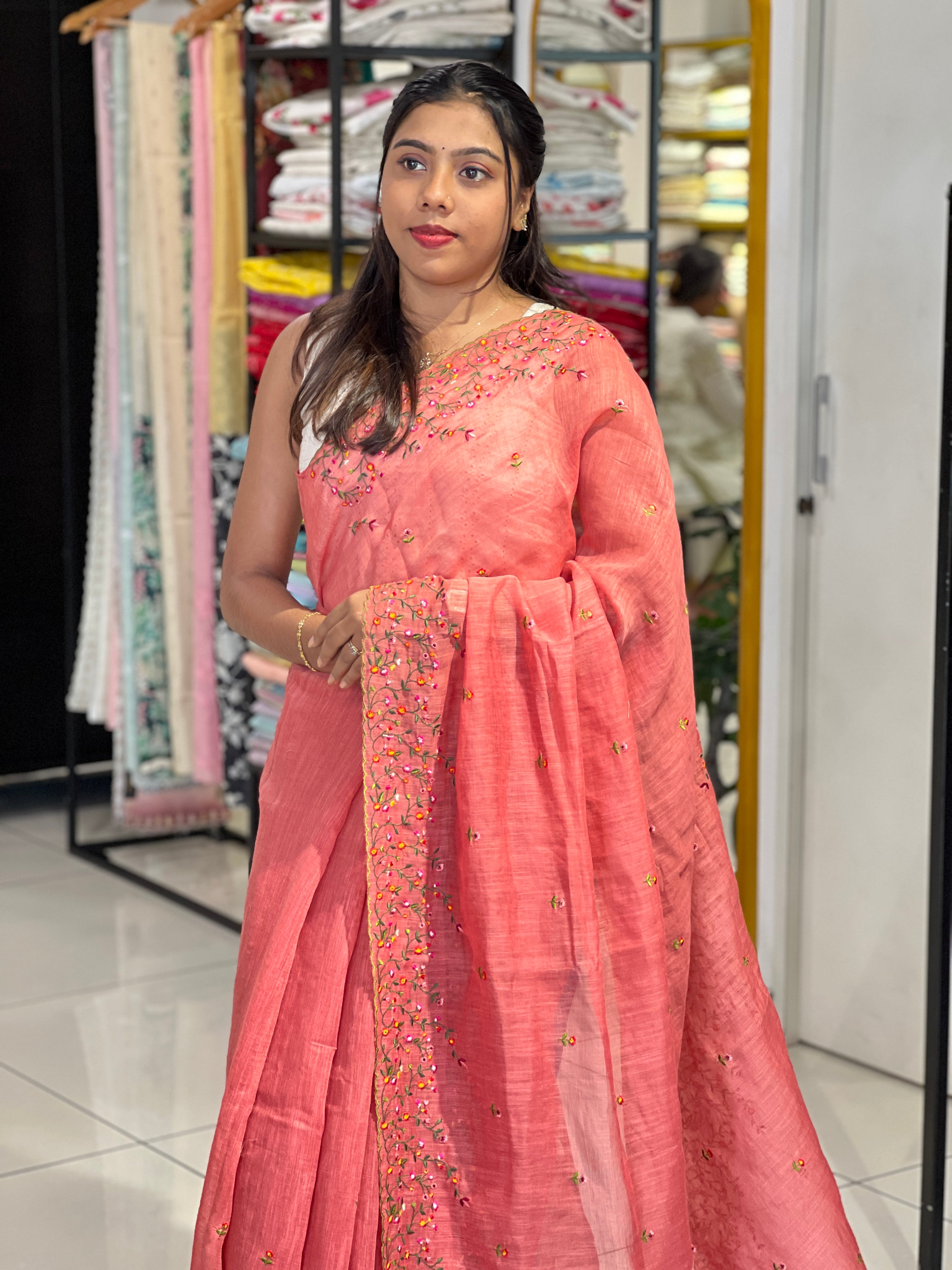 Floral Machine Embroidered Semi Linen Saree | RP834