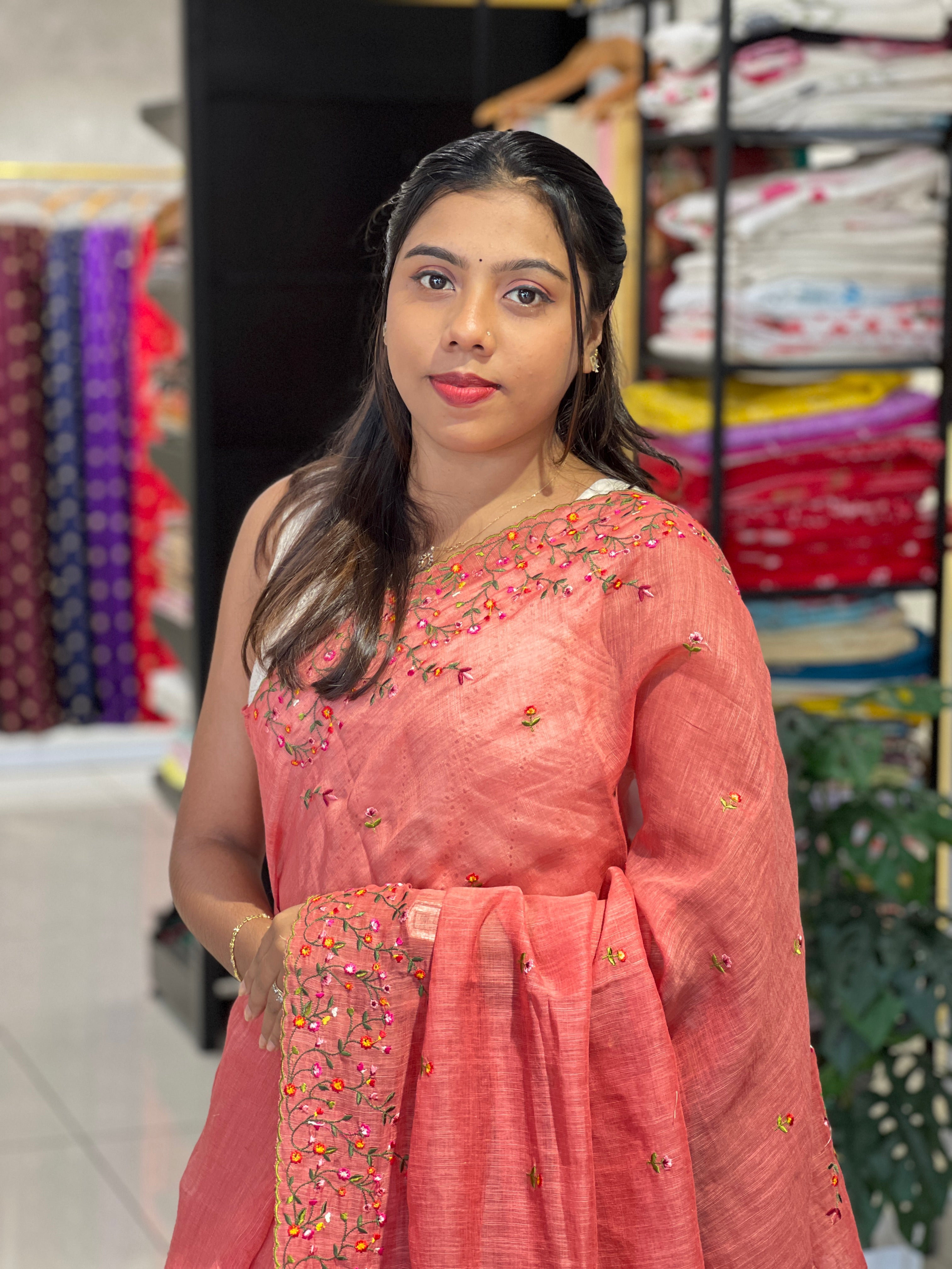Floral Machine Embroidered Semi Linen Saree | RP834