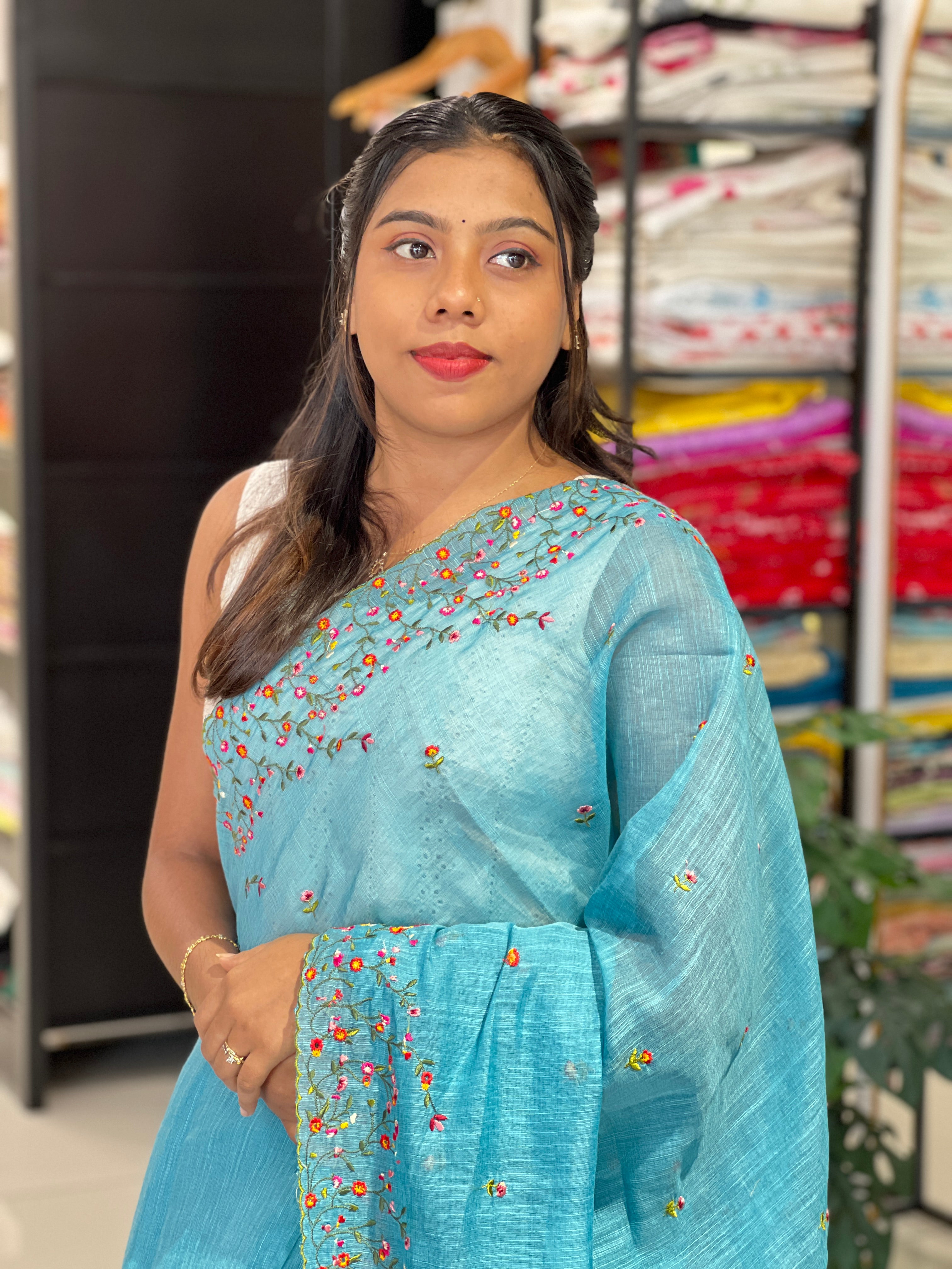 Multi Colour Machine Embroidered Semi Linen Saree | RP833