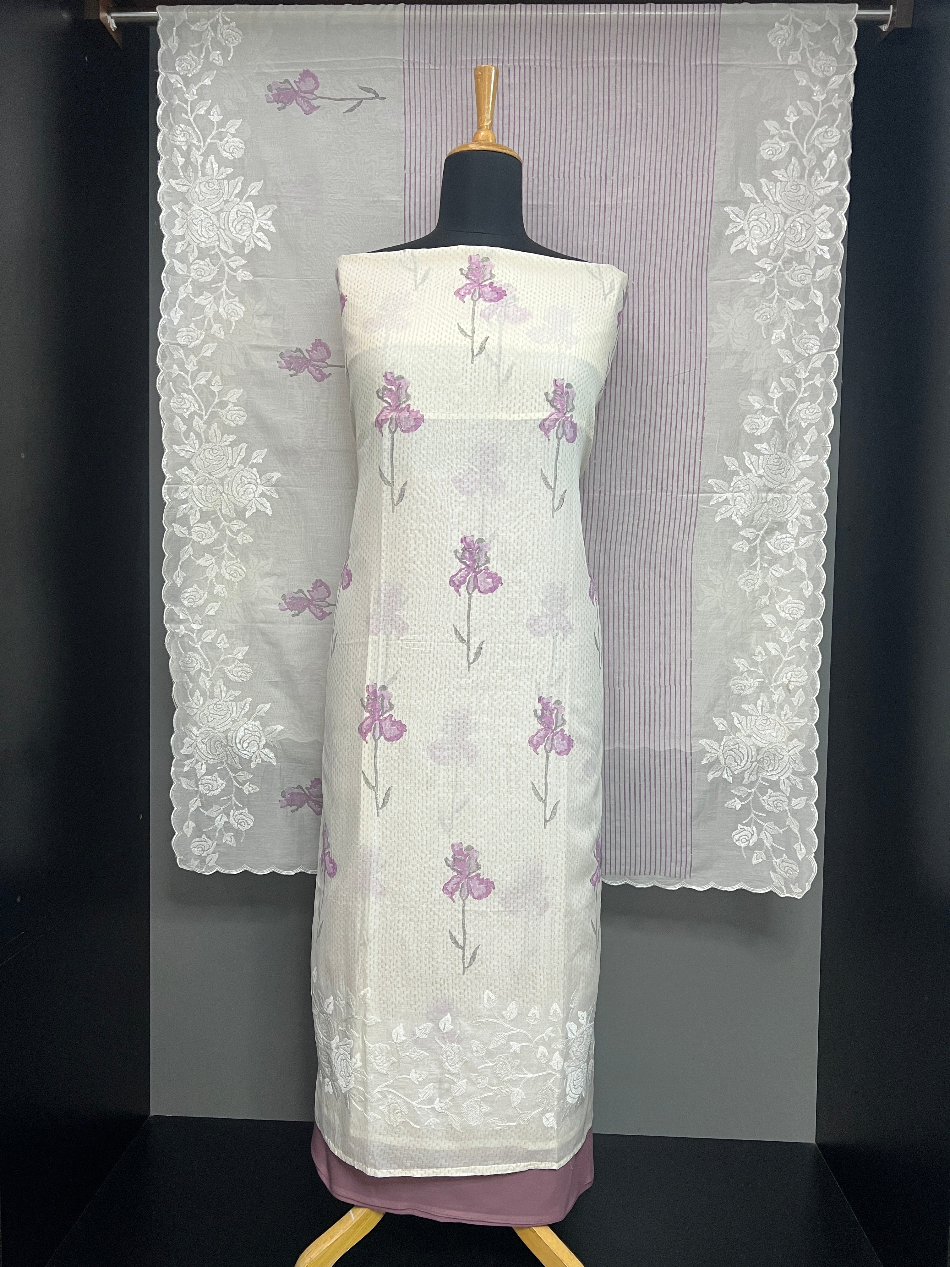 Floral Hand Block Printed Malai Chanderi Salwar Set | HE261