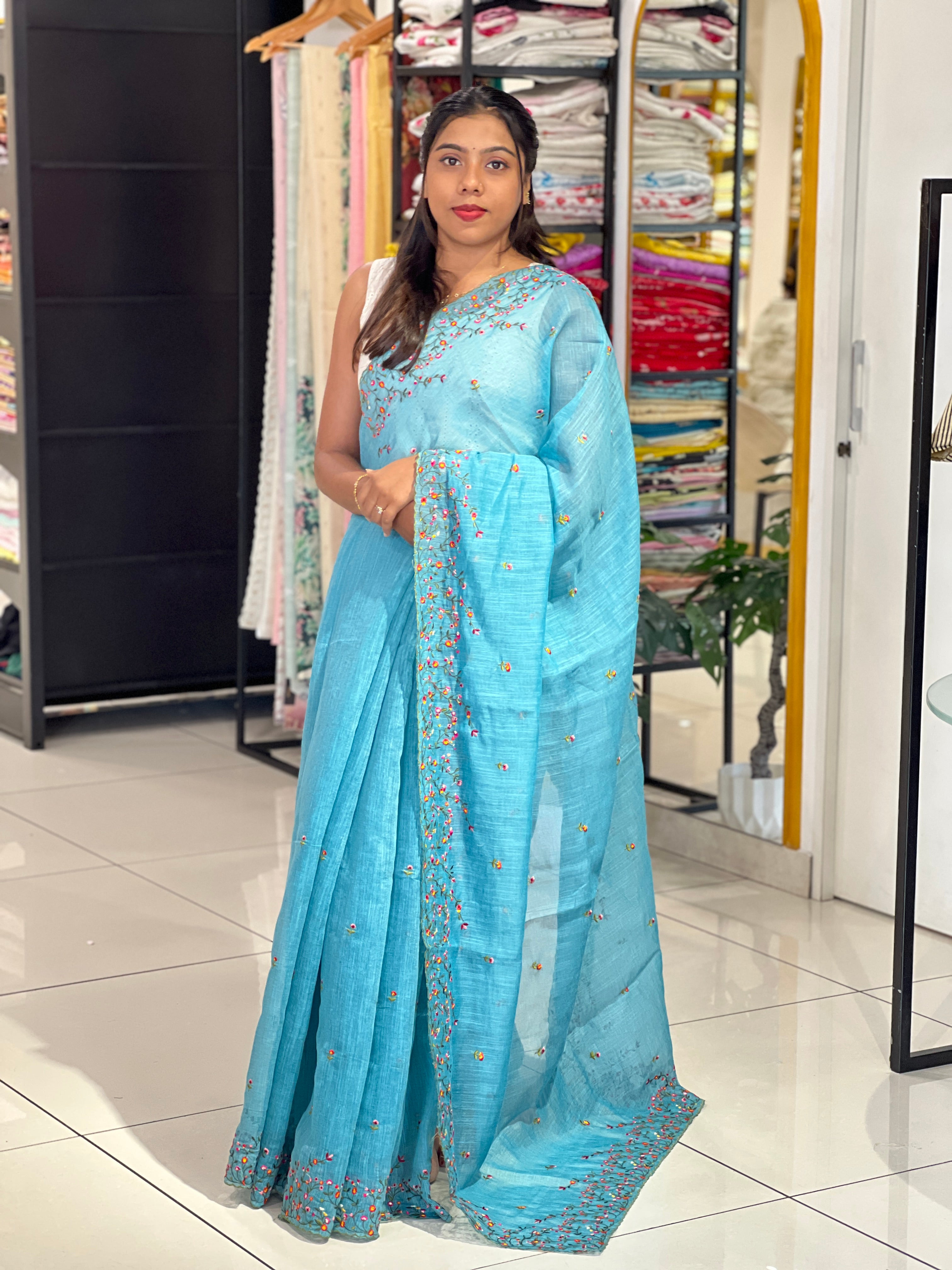 Multi Colour Machine Embroidered Semi Linen Saree | RP833