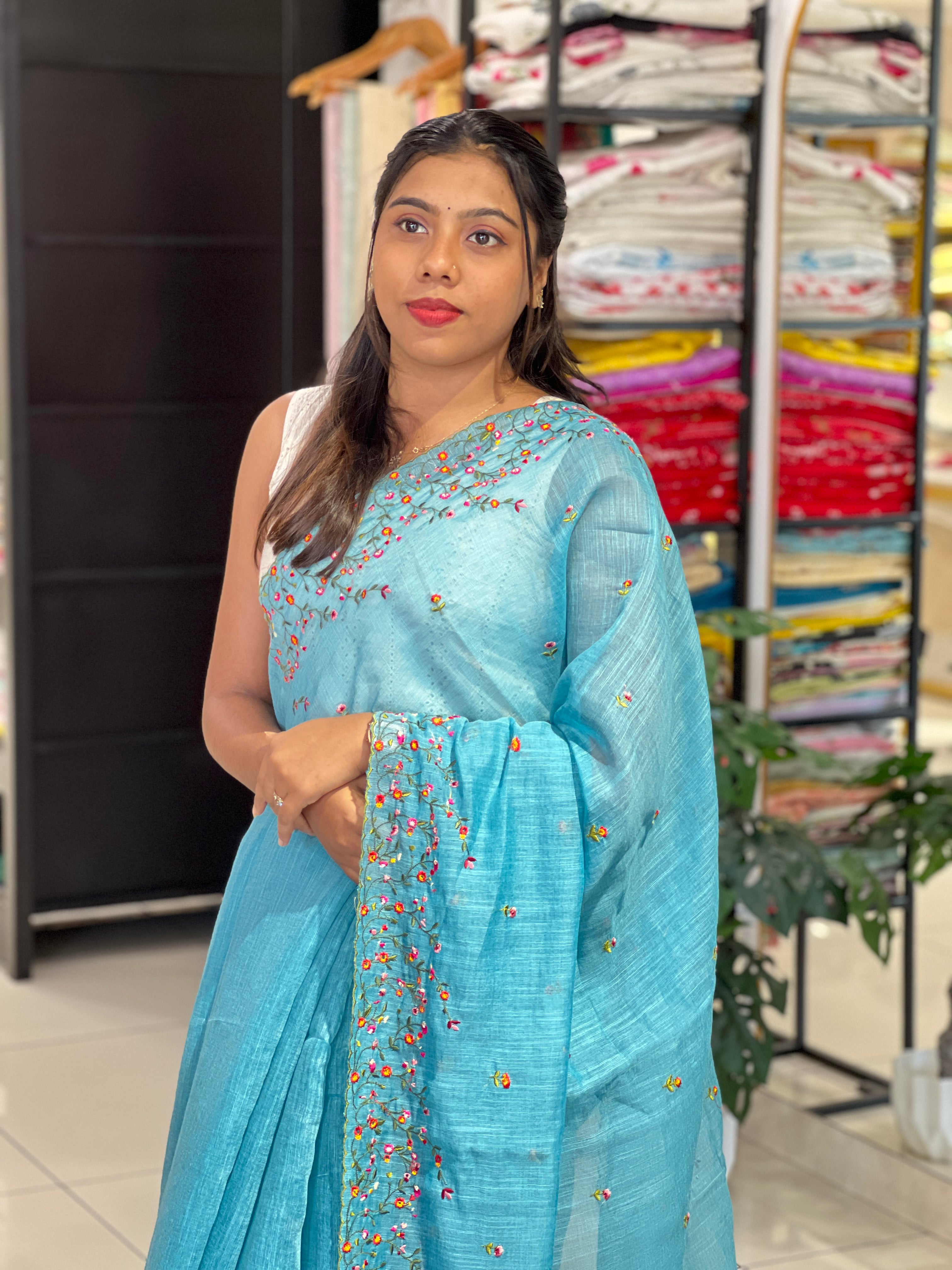 Multi Colour Machine Embroidered Semi Linen Saree | RP833