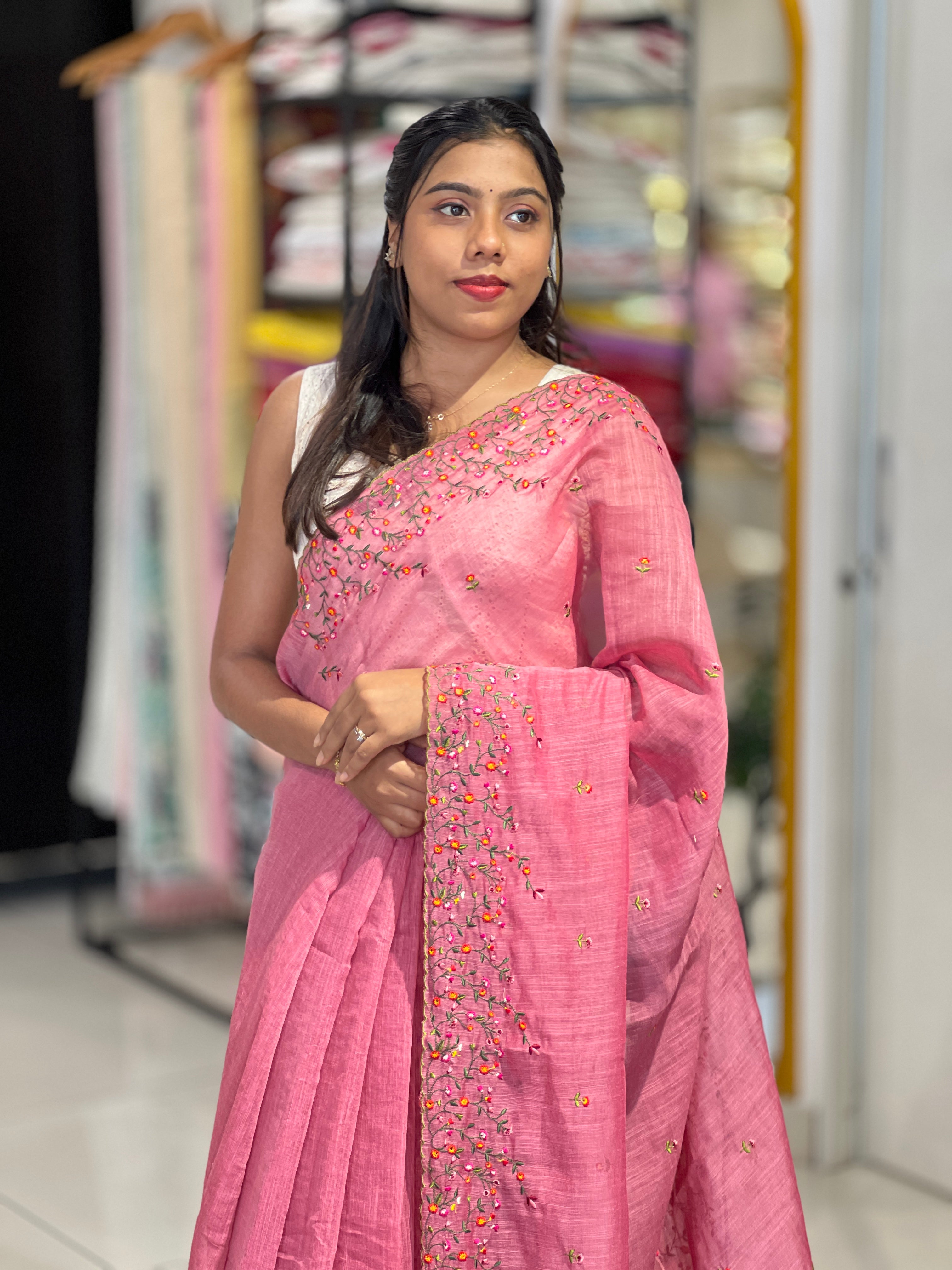 Machine Embroidered Semi Linen Saree | RP832