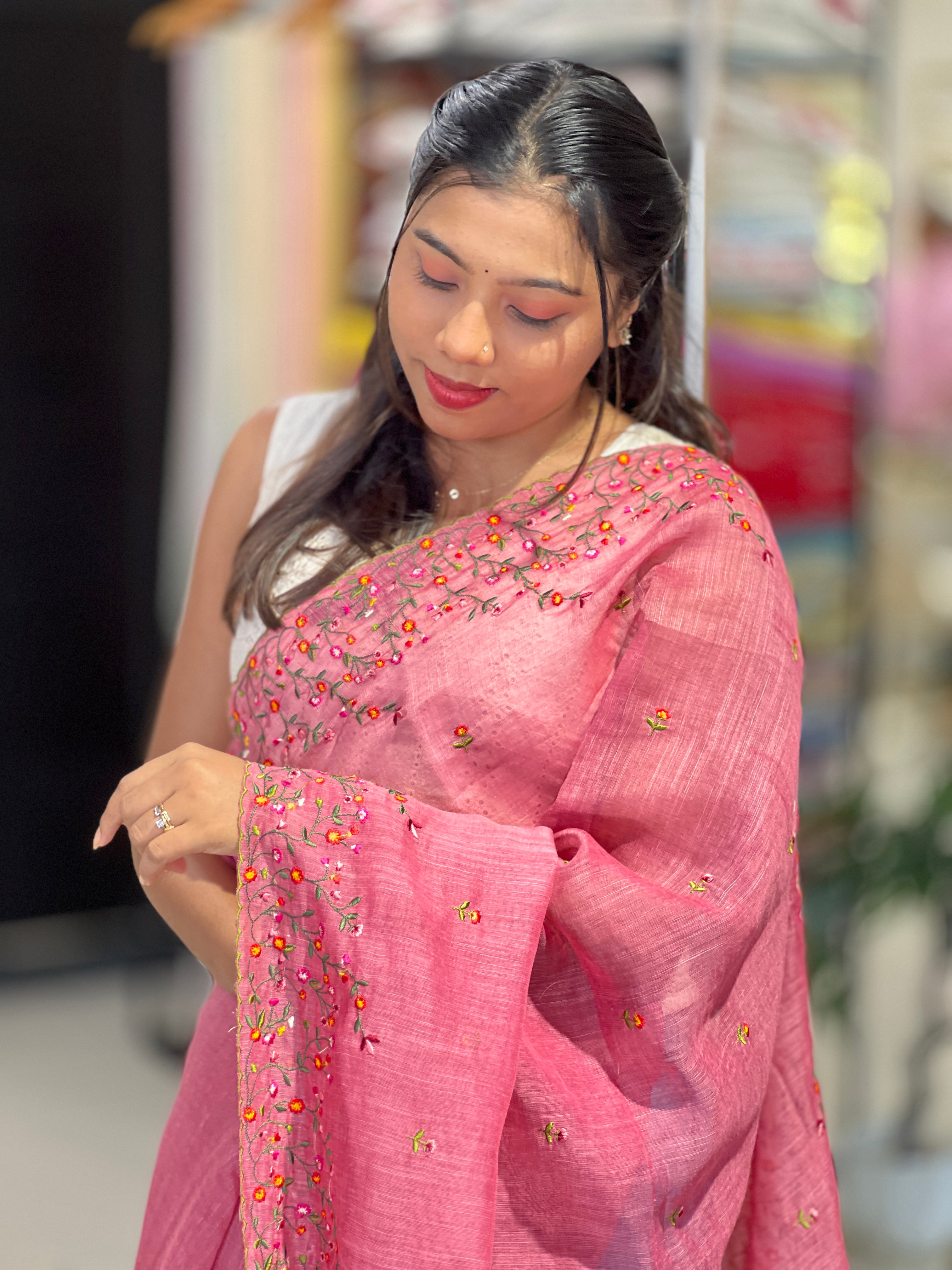 Machine Embroidered Semi Linen Saree | RP832