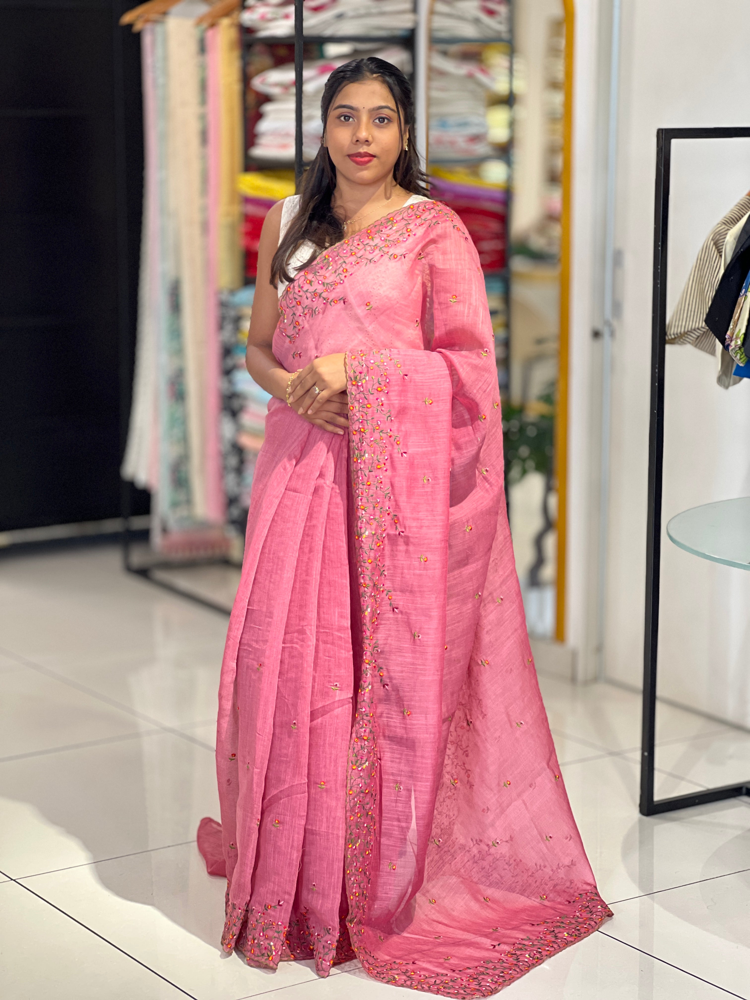 Machine Embroidered Semi Linen Saree | RP832