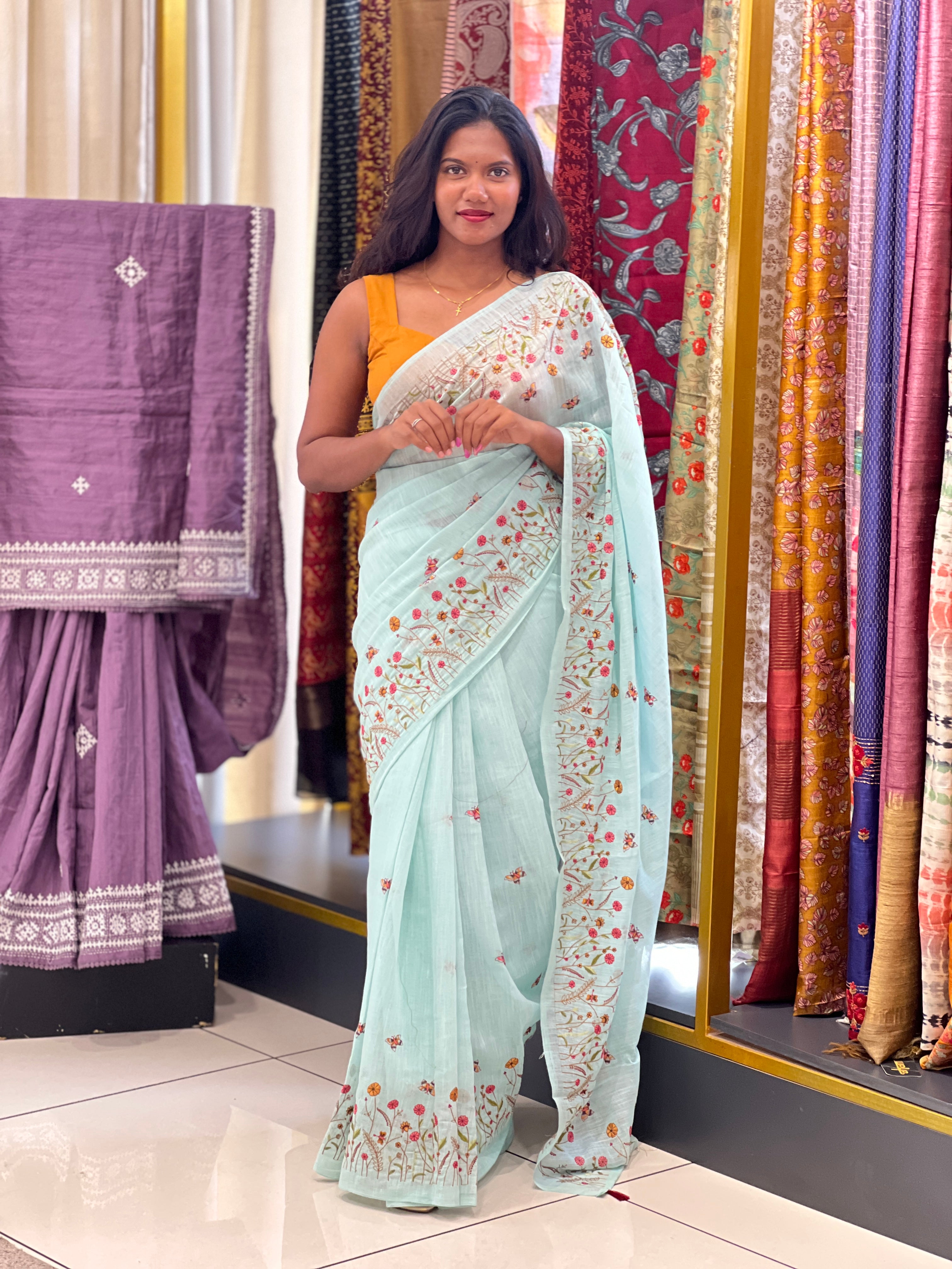 Floral Machine Embroidery Semi Linen Saree | RP825