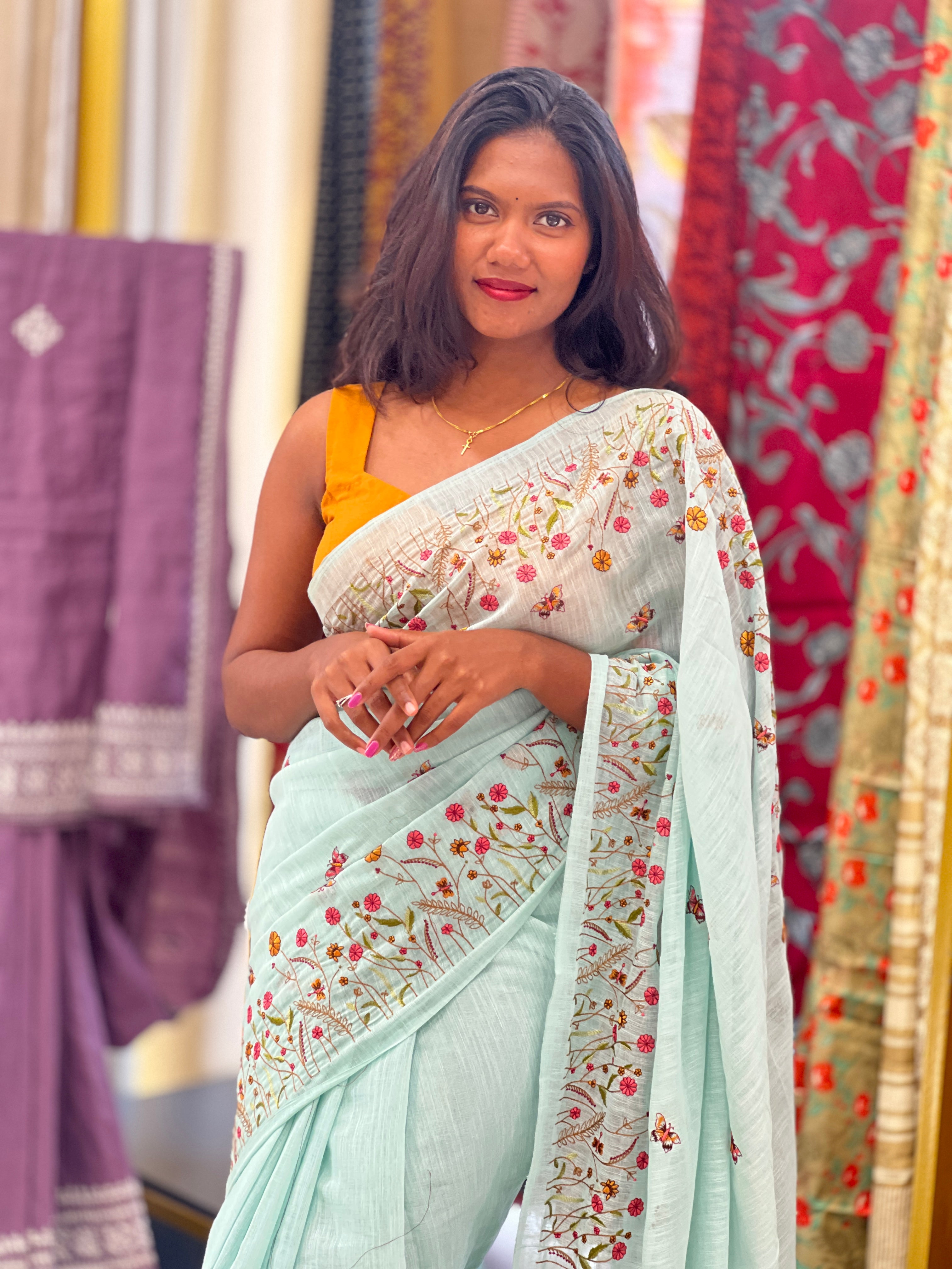 Floral Machine Embroidery Semi Linen Saree | RP825
