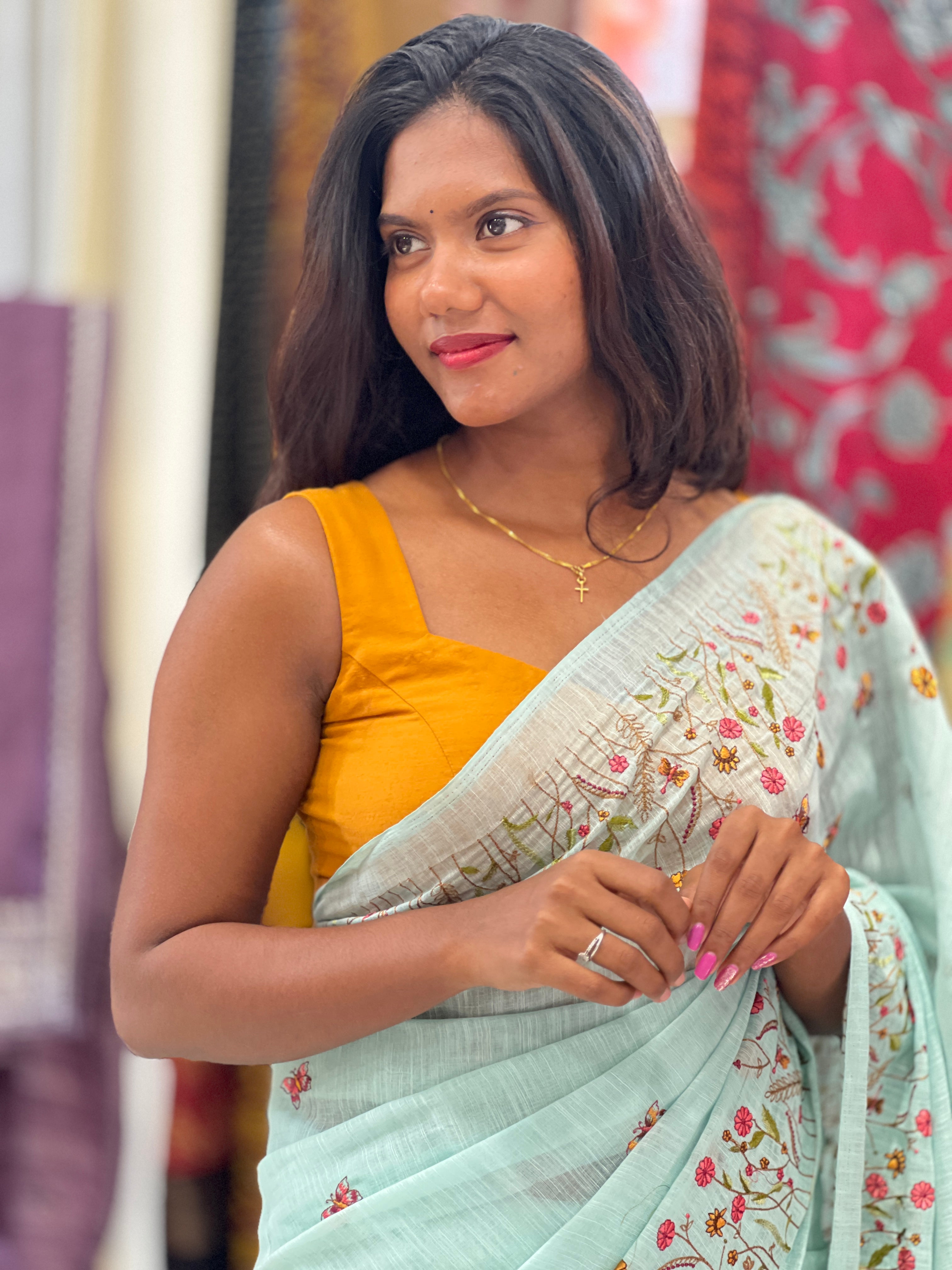 Floral Machine Embroidery Semi Linen Saree | RP825