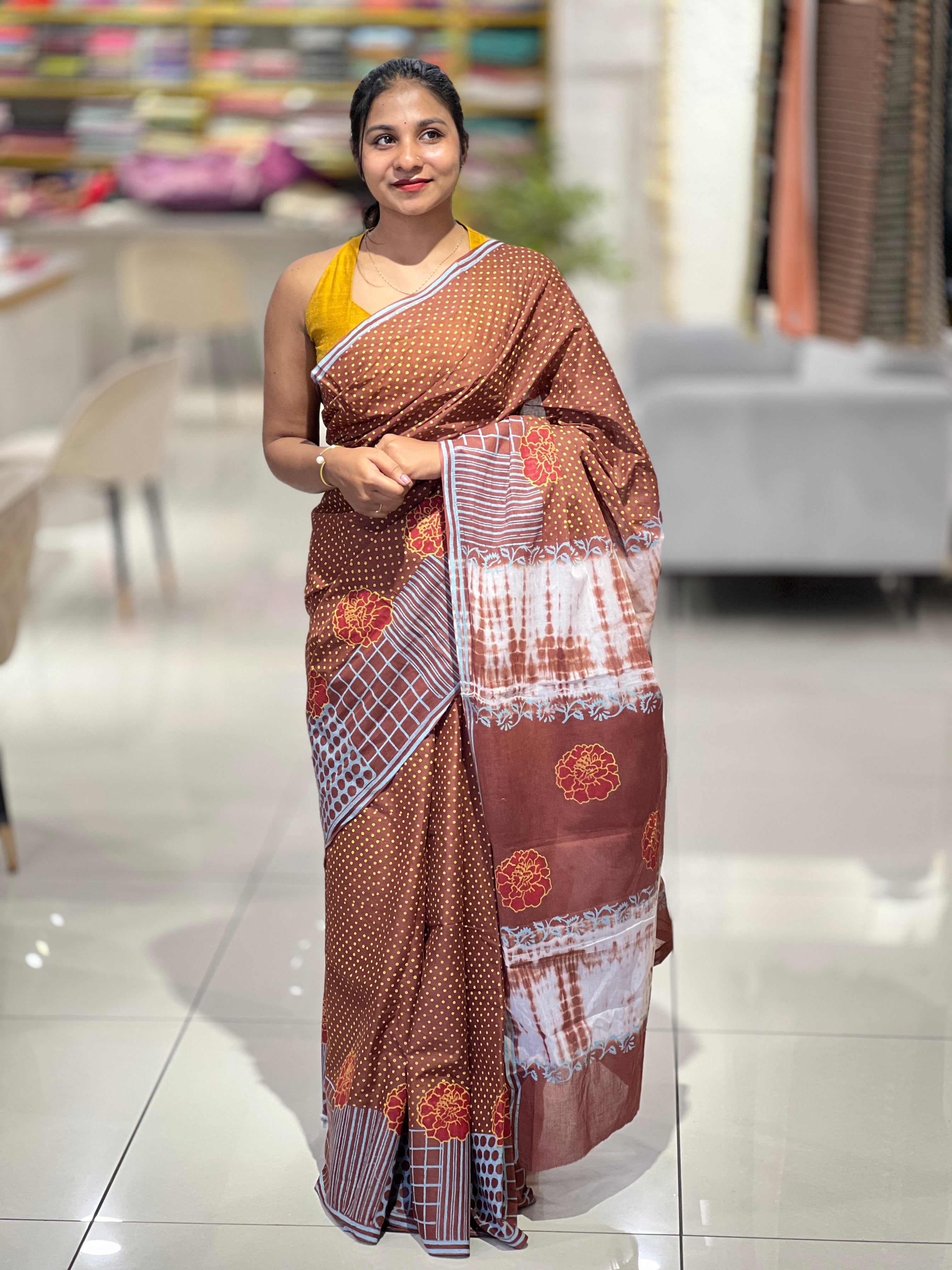 Printed Dot patterned Cotton Saree | SFA111