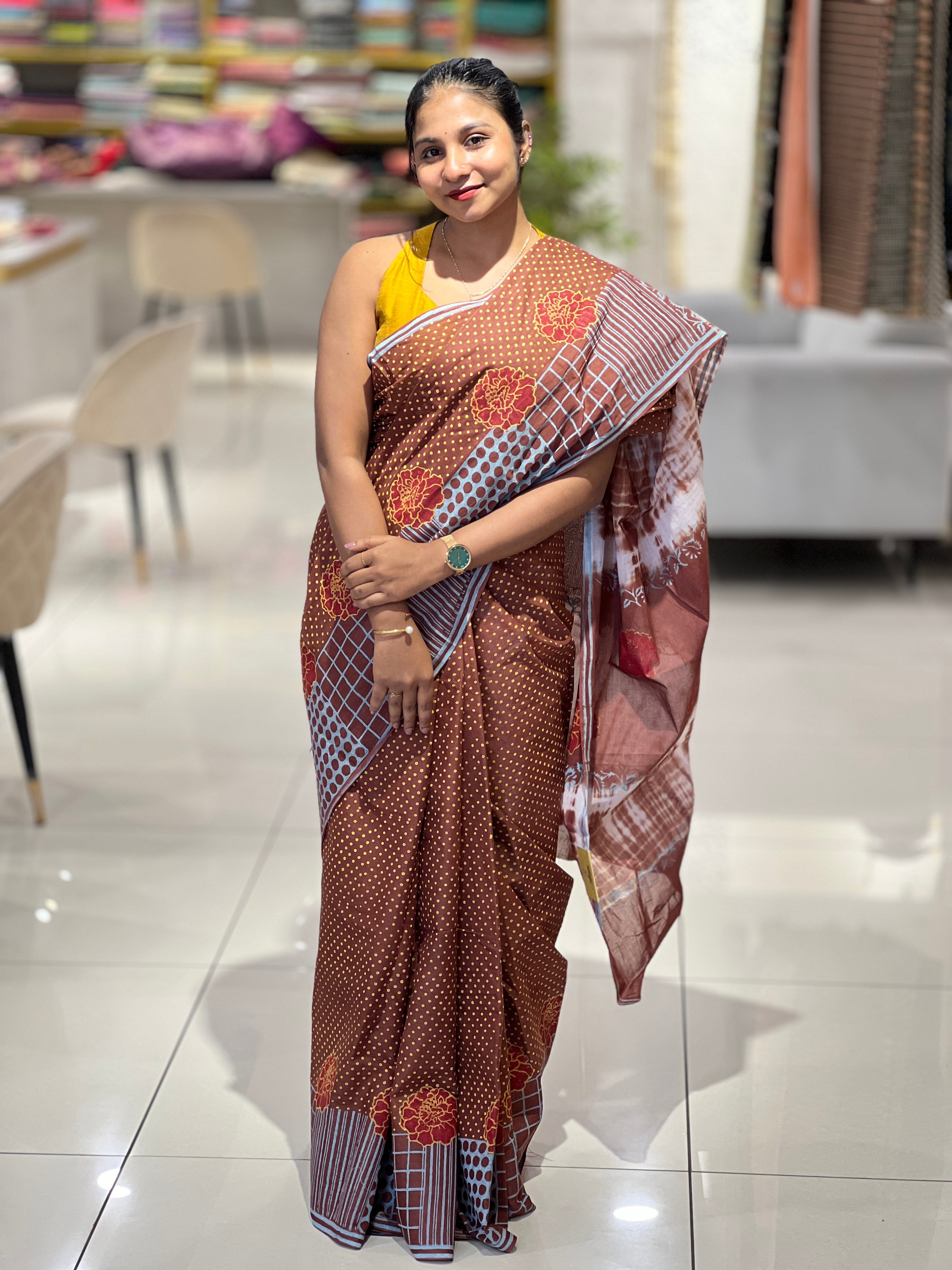 Printed Dot patterned Cotton Saree | SFA111