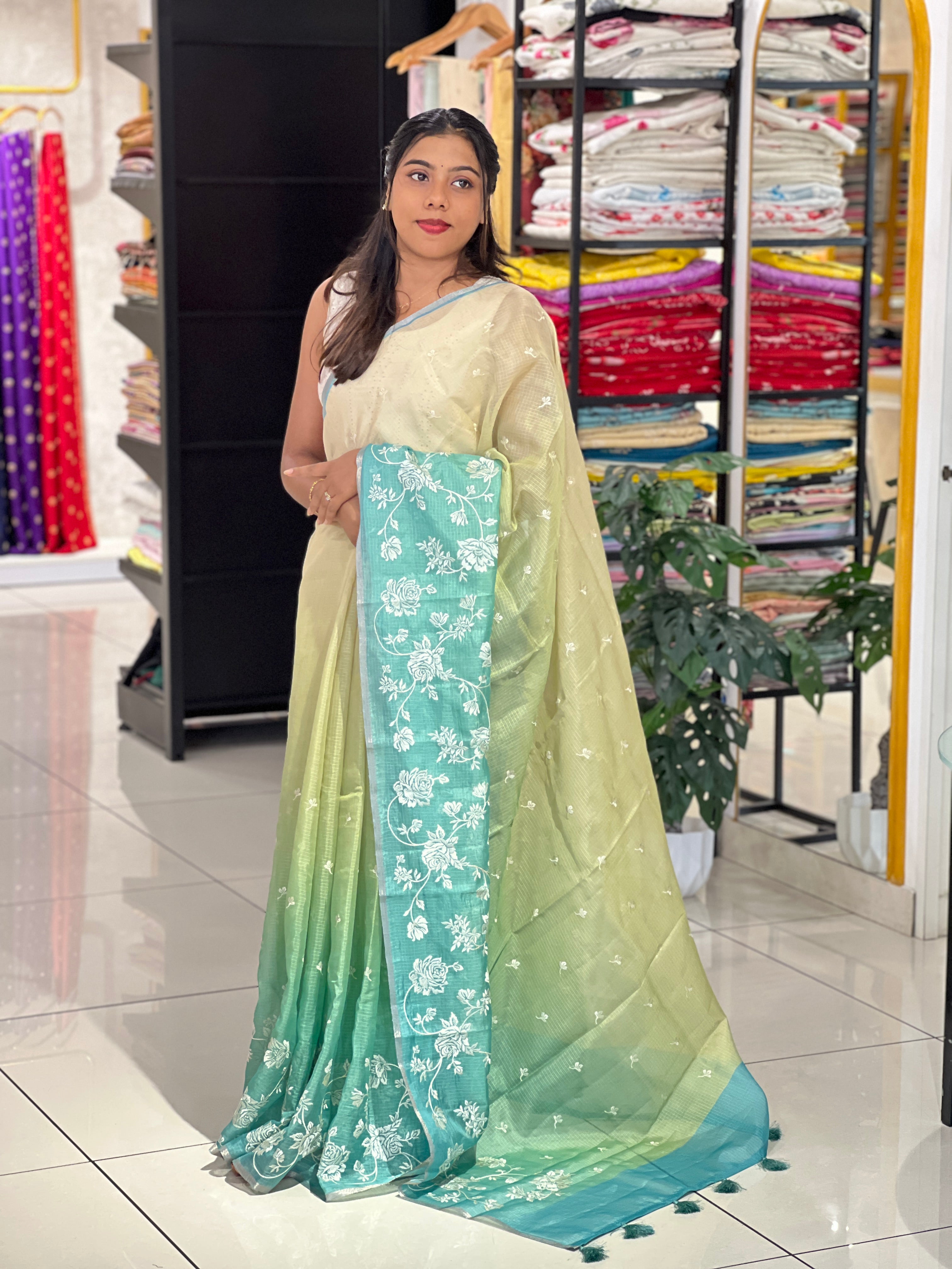 Machine Embroidery Silky Kota Saree | SVF220