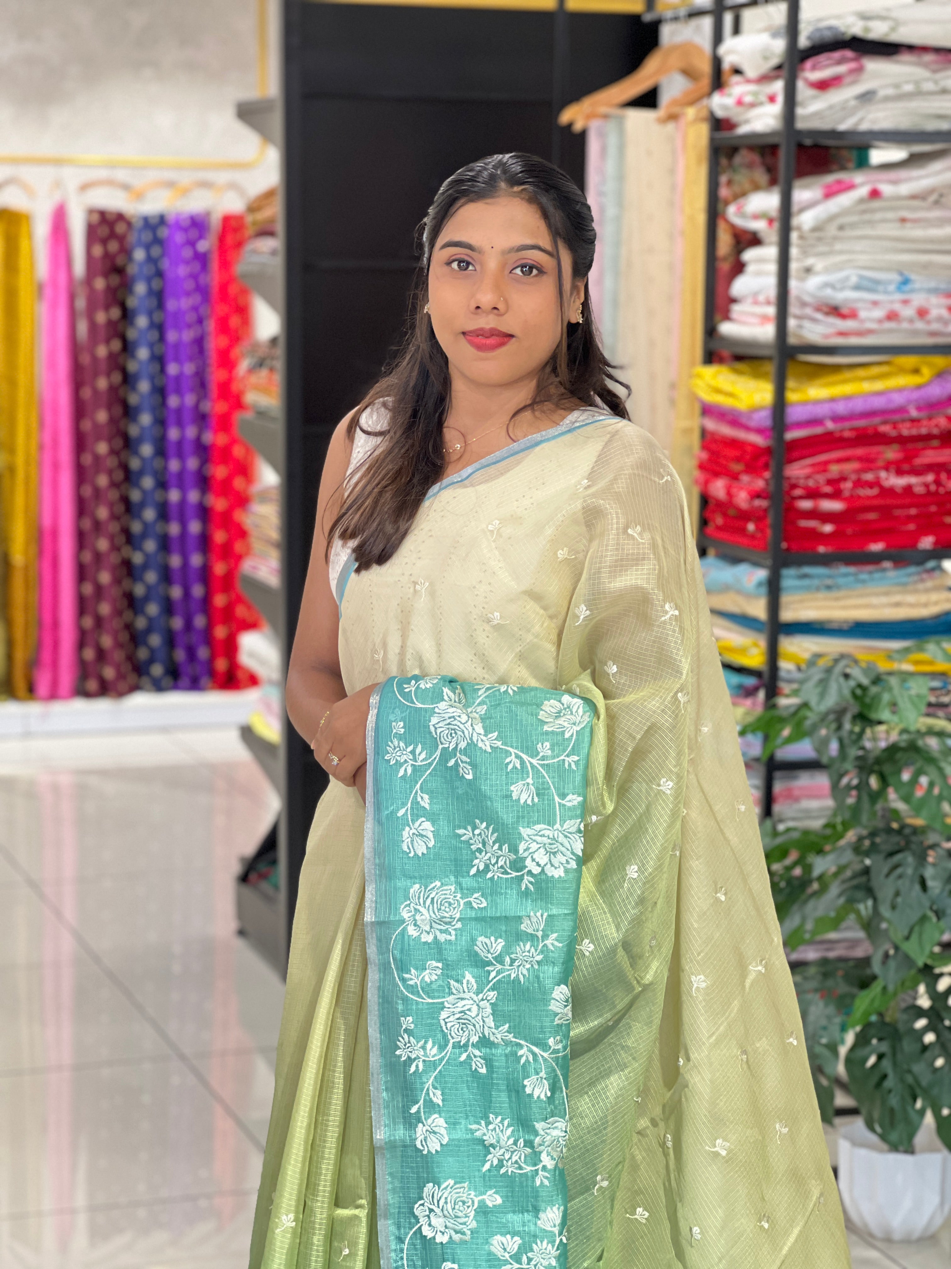 Machine Embroidery Silky Kota Saree | SVF220
