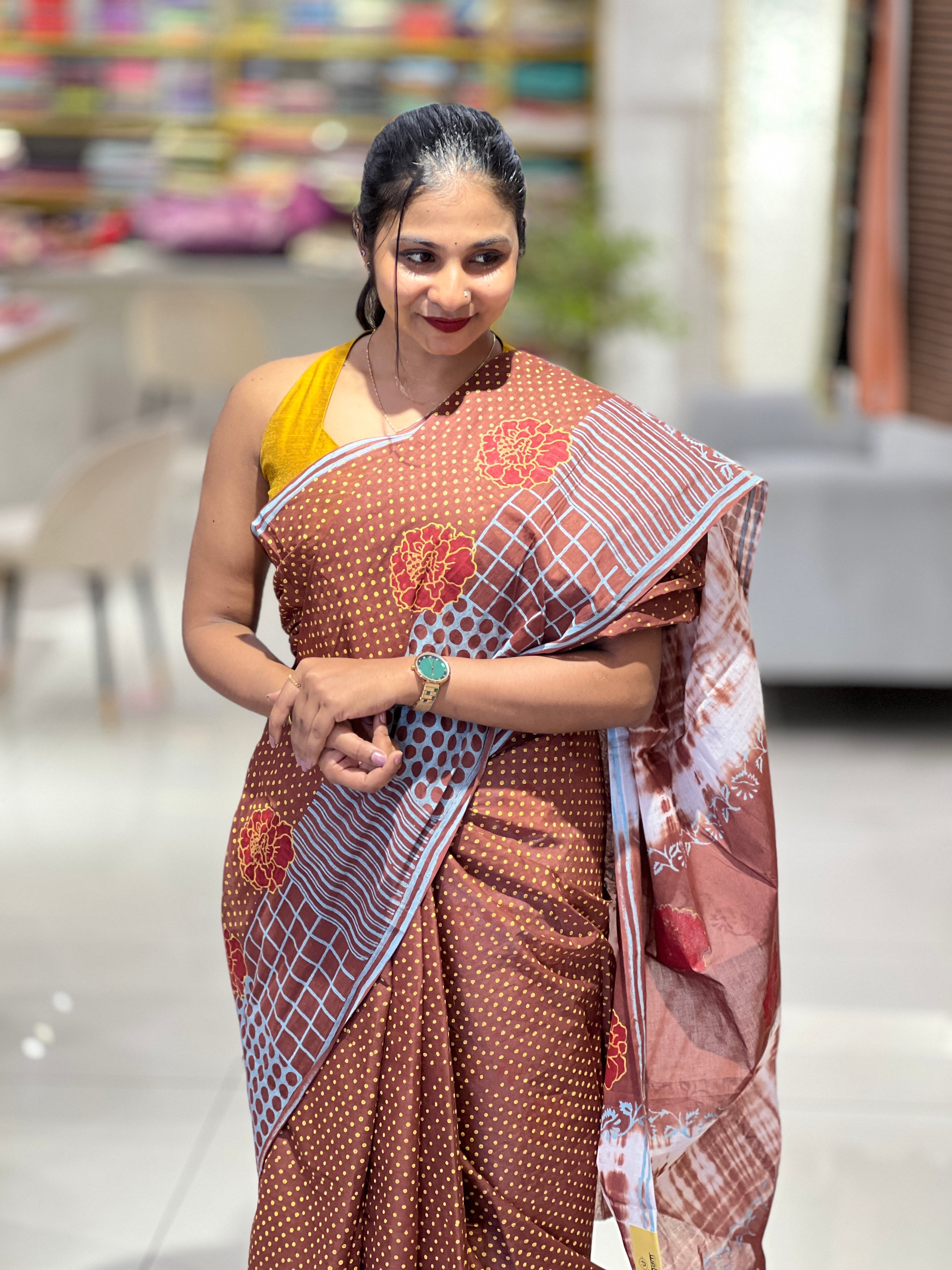 Printed Dot patterned Cotton Saree | SFA111