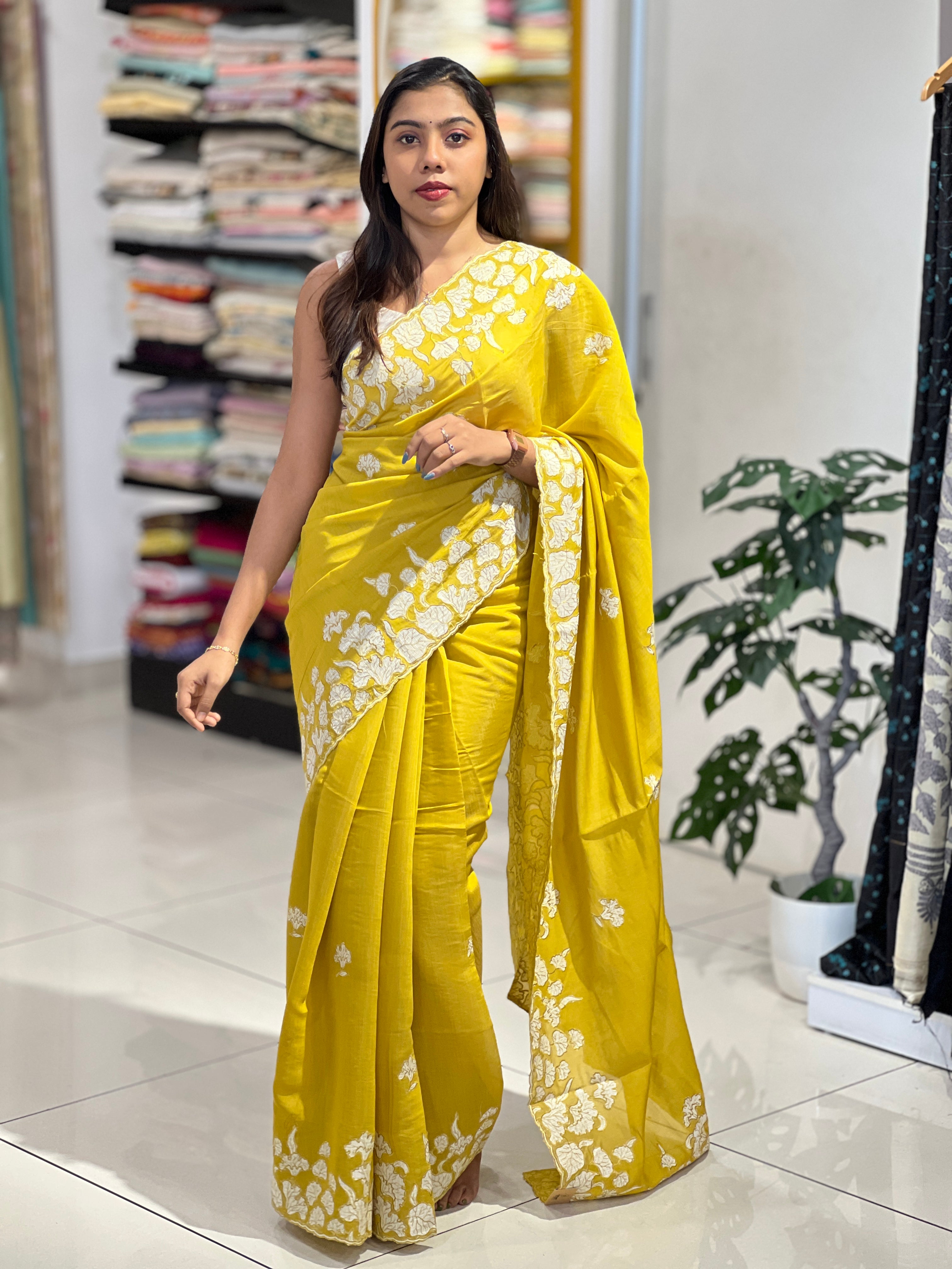 Applique Work Detailed Mul Chanderi Saree | BLD2127