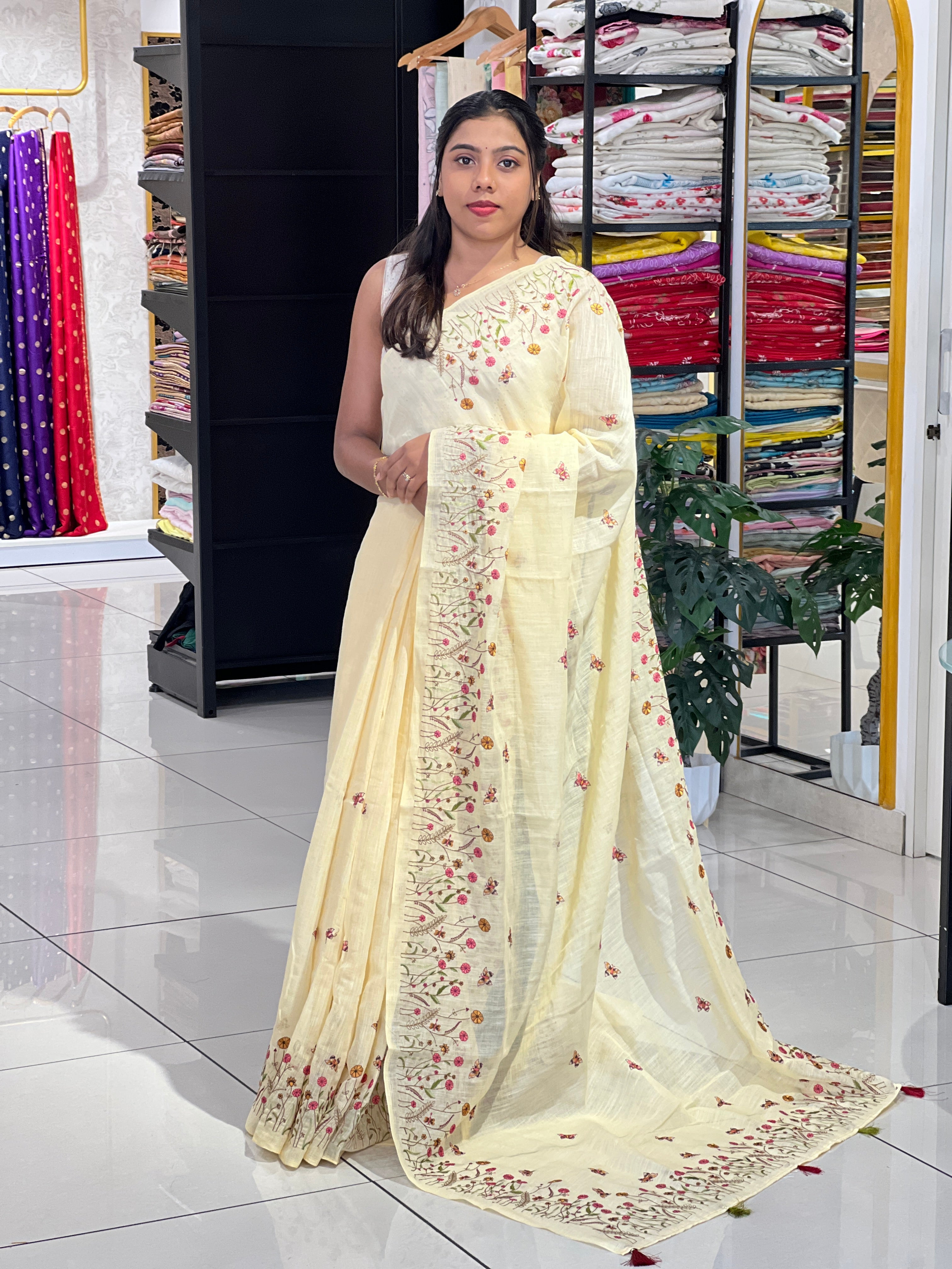 Floral Machine Embroidery Semi Linen Saree | RP823