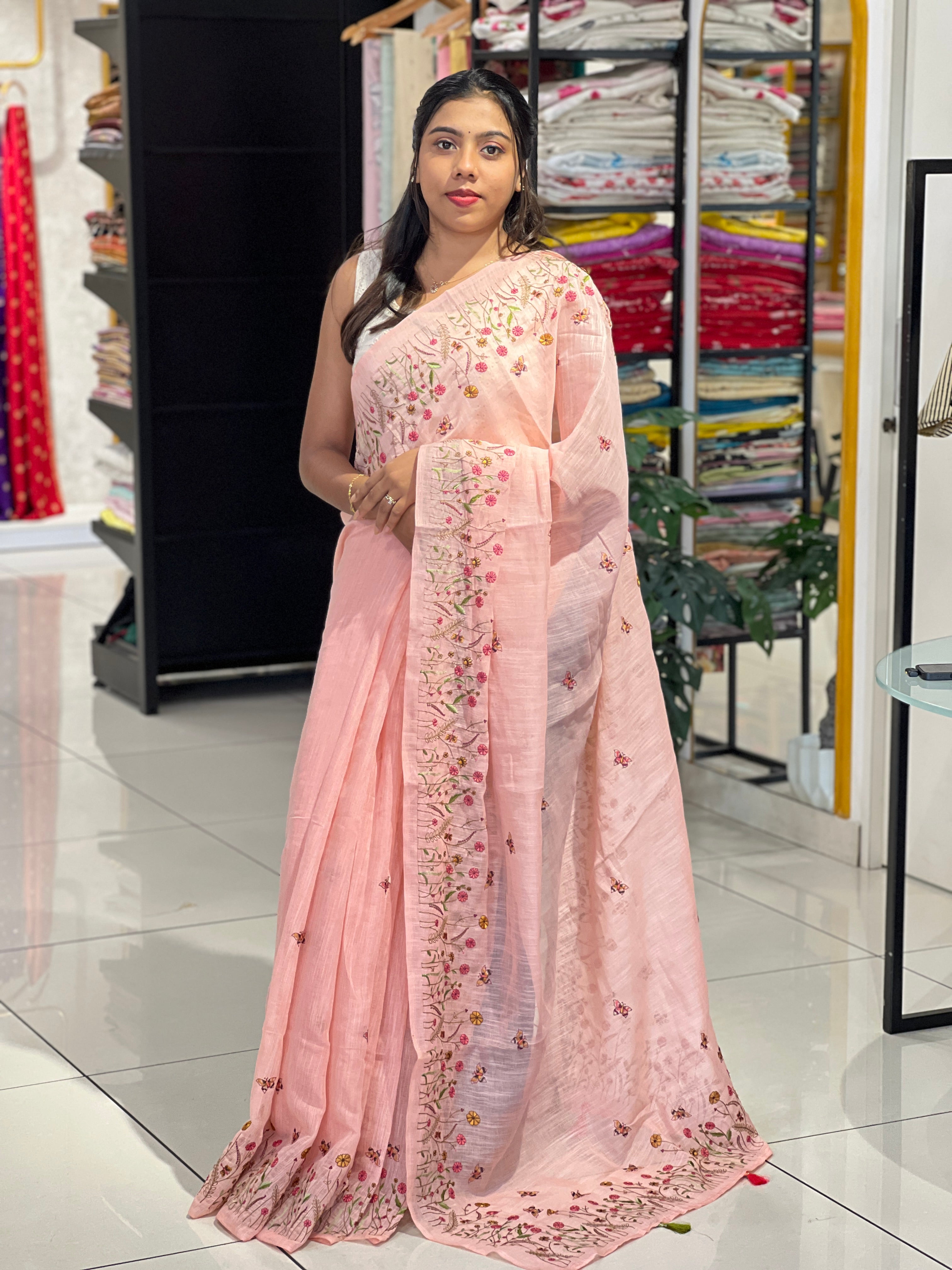 Floral Machine Embroidery Semi Linen Saree | RP824