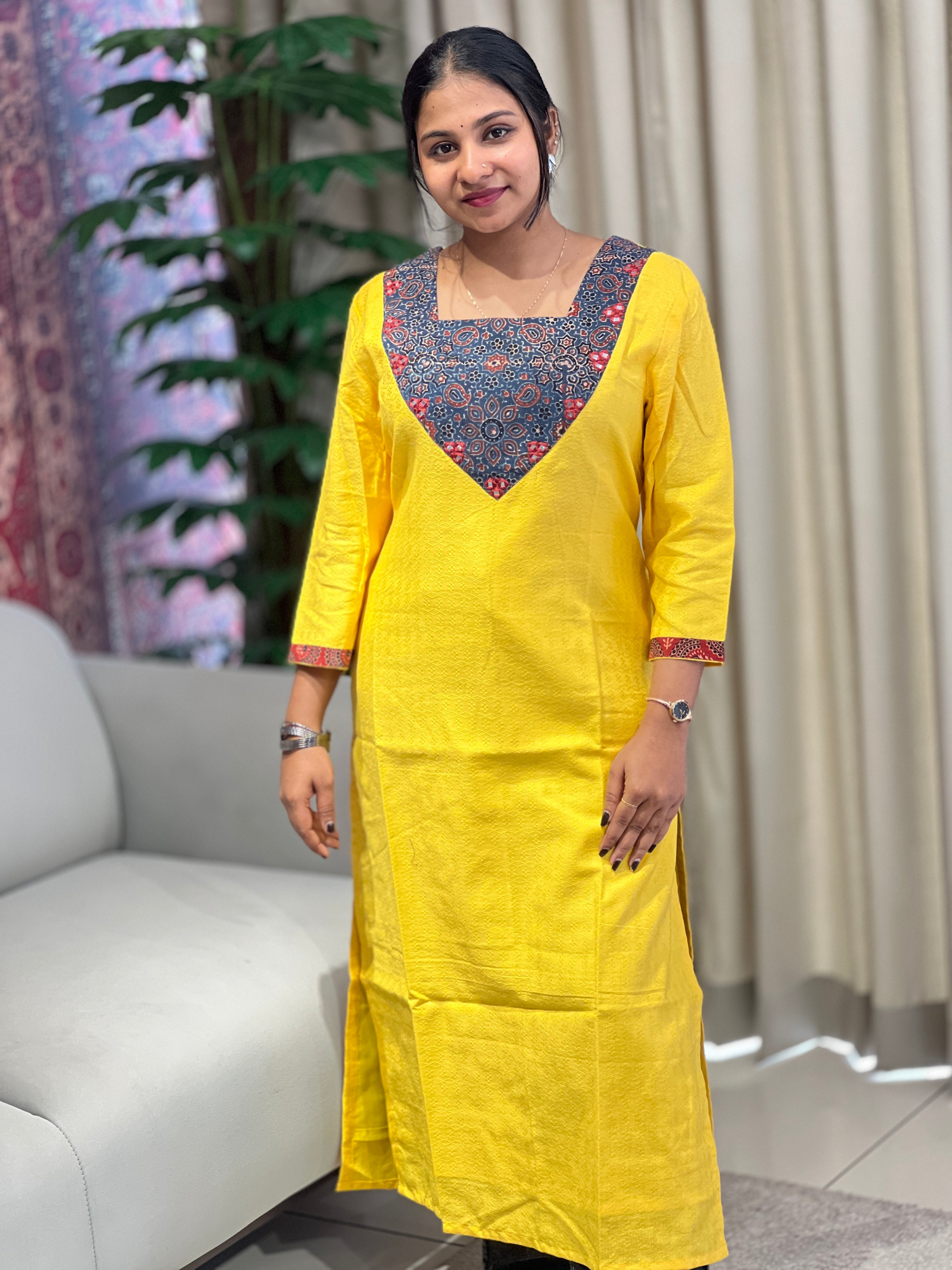 Ajrakh Printed Patch Detailed Cotton Kurta | DNT967