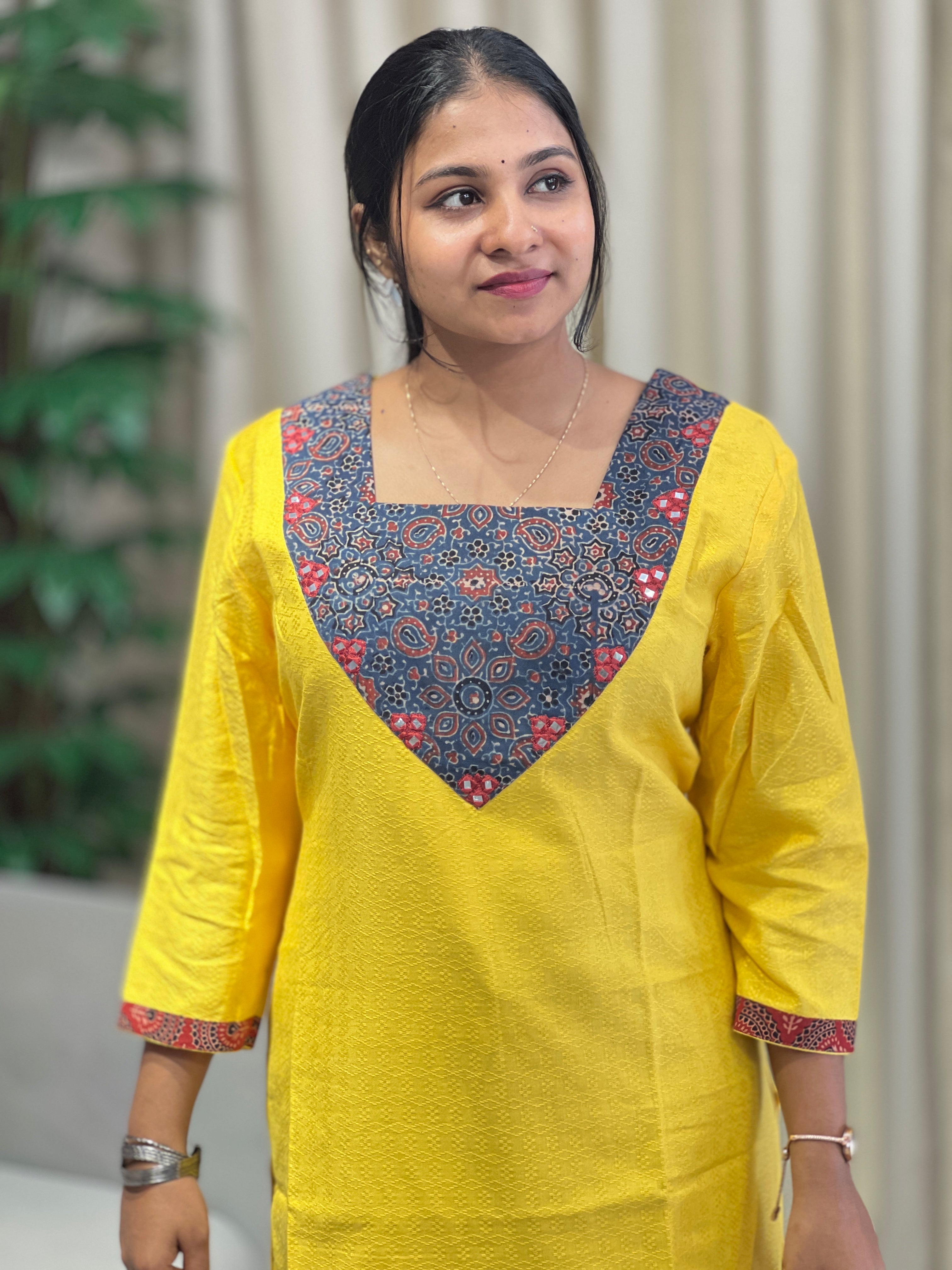 Ajrakh Printed Patch Detailed Cotton Kurta | DNT967