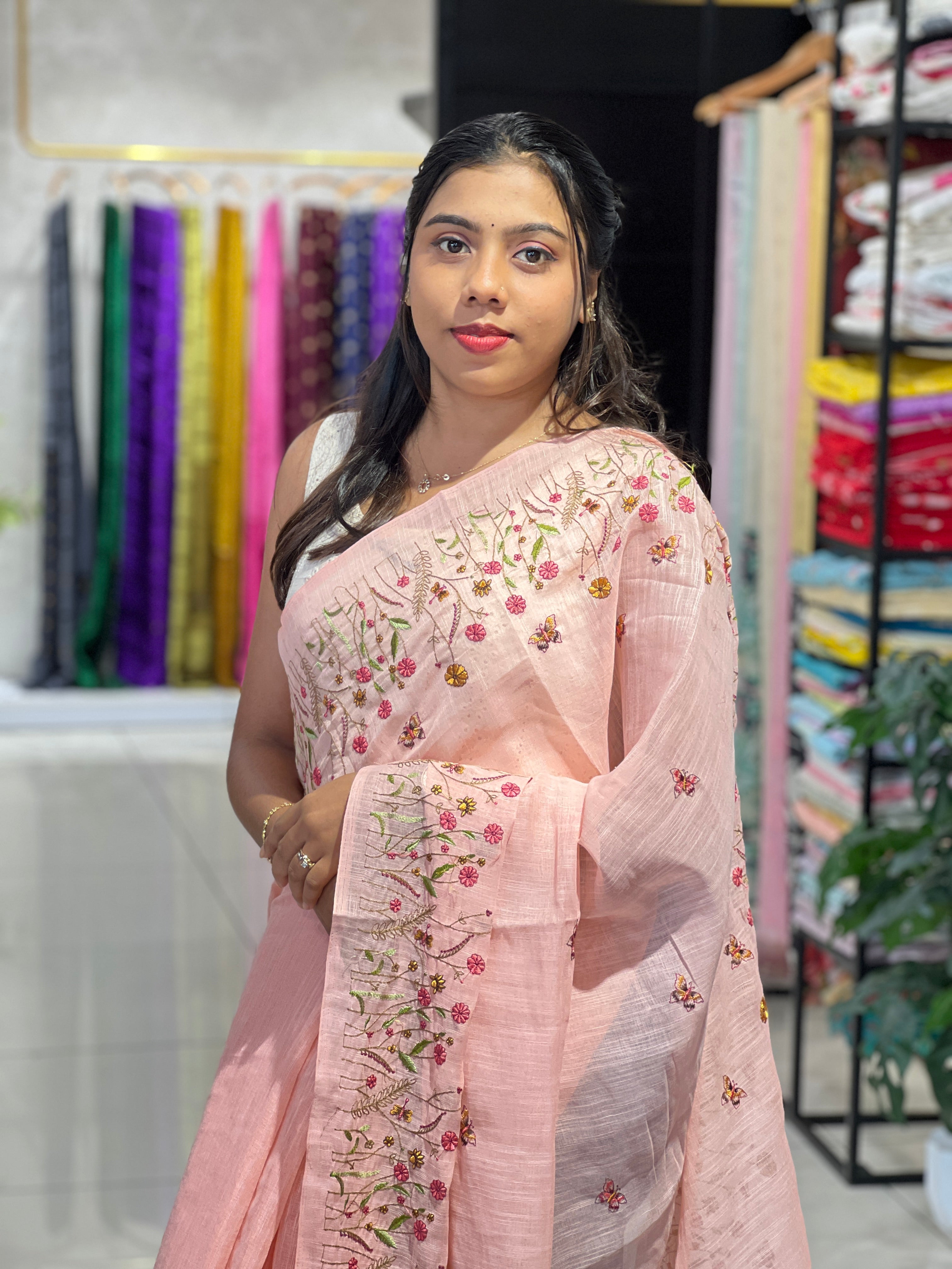Floral Machine Embroidery Semi Linen Saree | RP824
