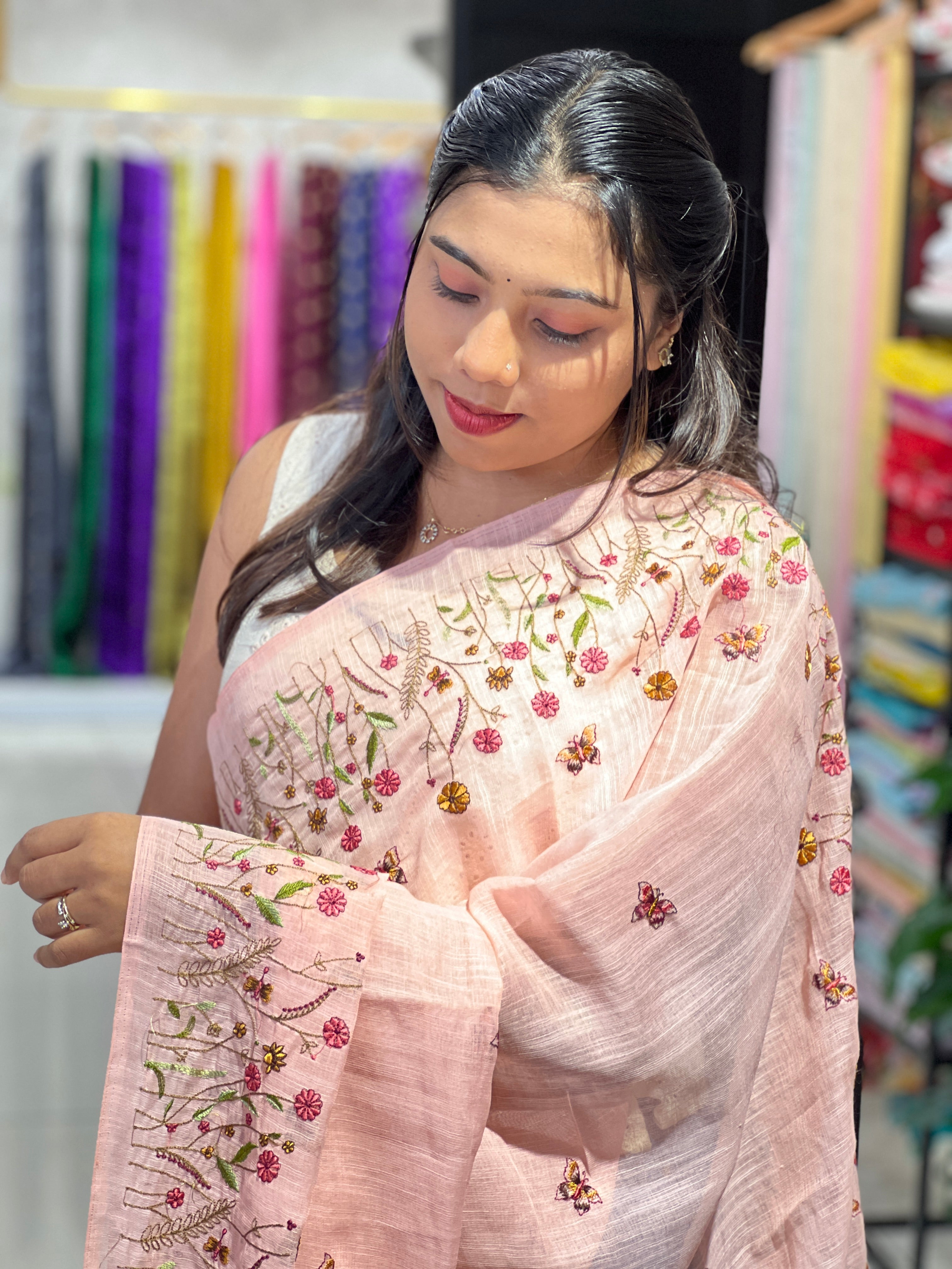 Floral Machine Embroidery Semi Linen Saree | RP824
