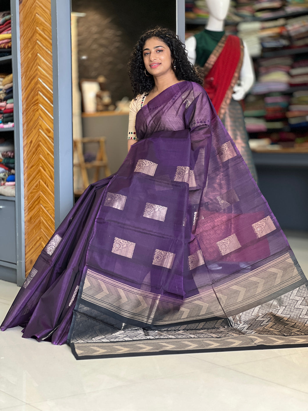 Square Buta Design Cotton Silk Saree | KTS162