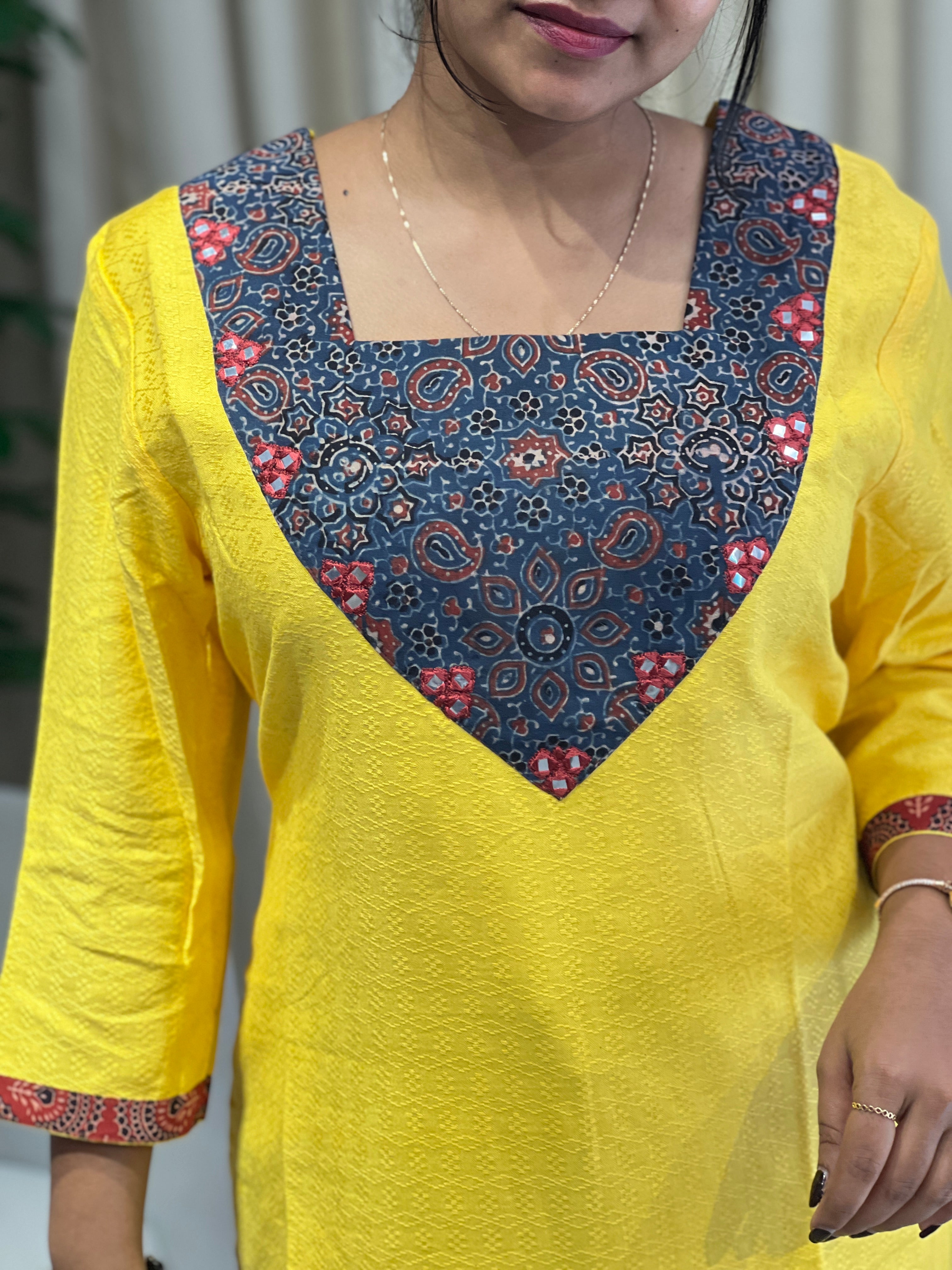 Ajrakh Printed Patch Detailed Cotton Kurta | DNT967