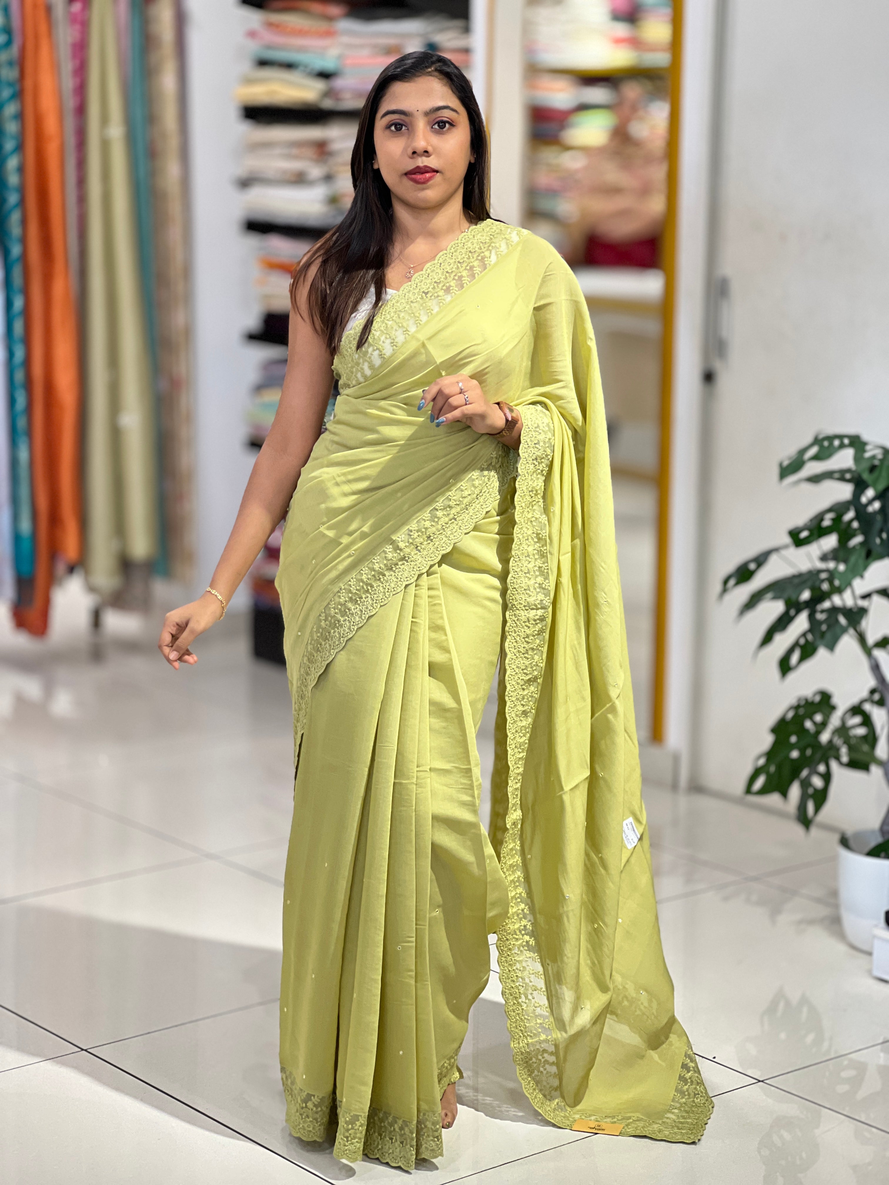 Mirror Work With Lace Detailed Viscose Organza Saree | BLD2130