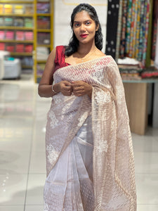 Floral Cross Stitch Embroidery Detailed Shimmer Organza Saree | BLD1463