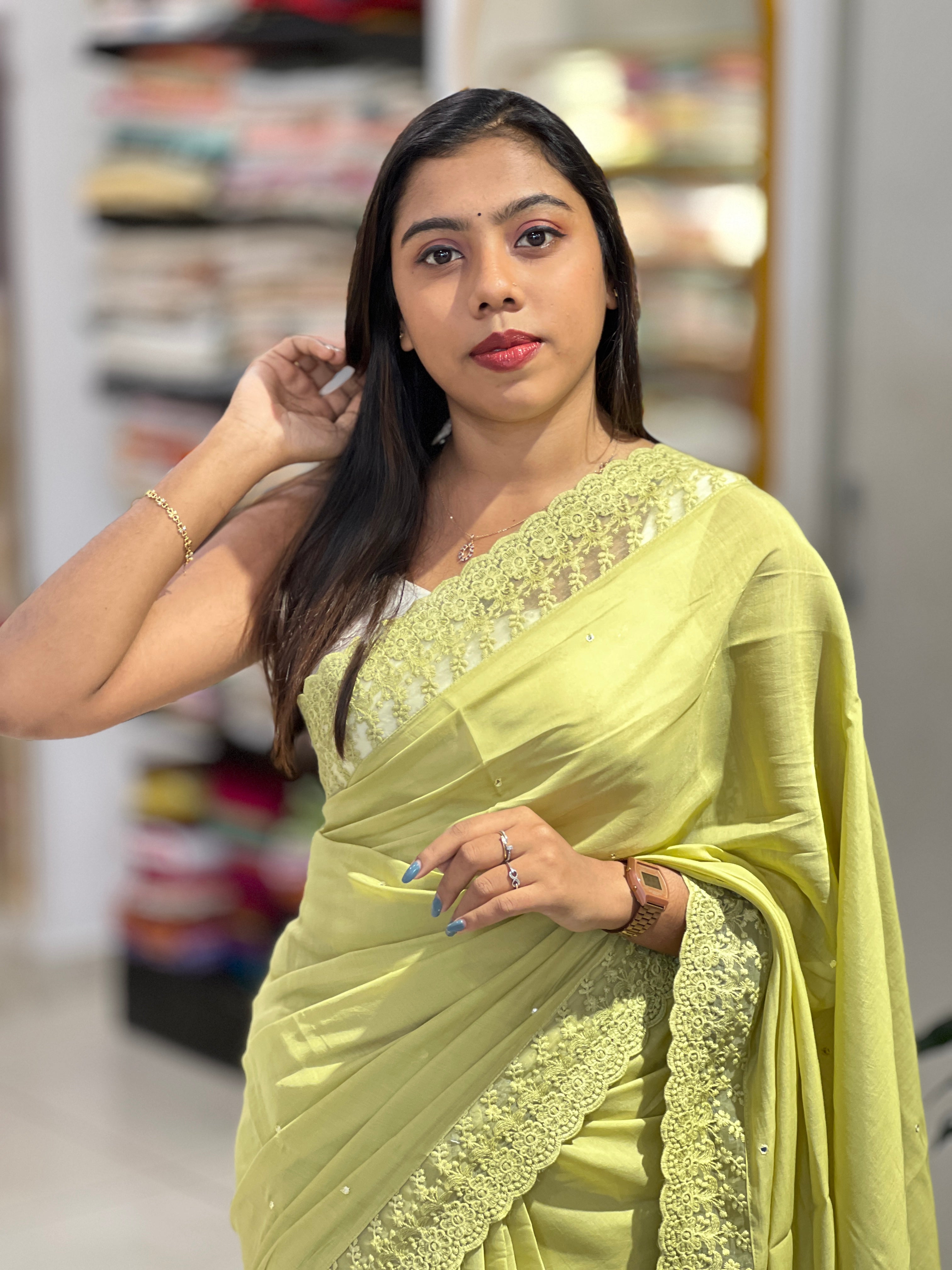 Mirror Work With Lace Detailed Viscose Organza Saree | BLD2130