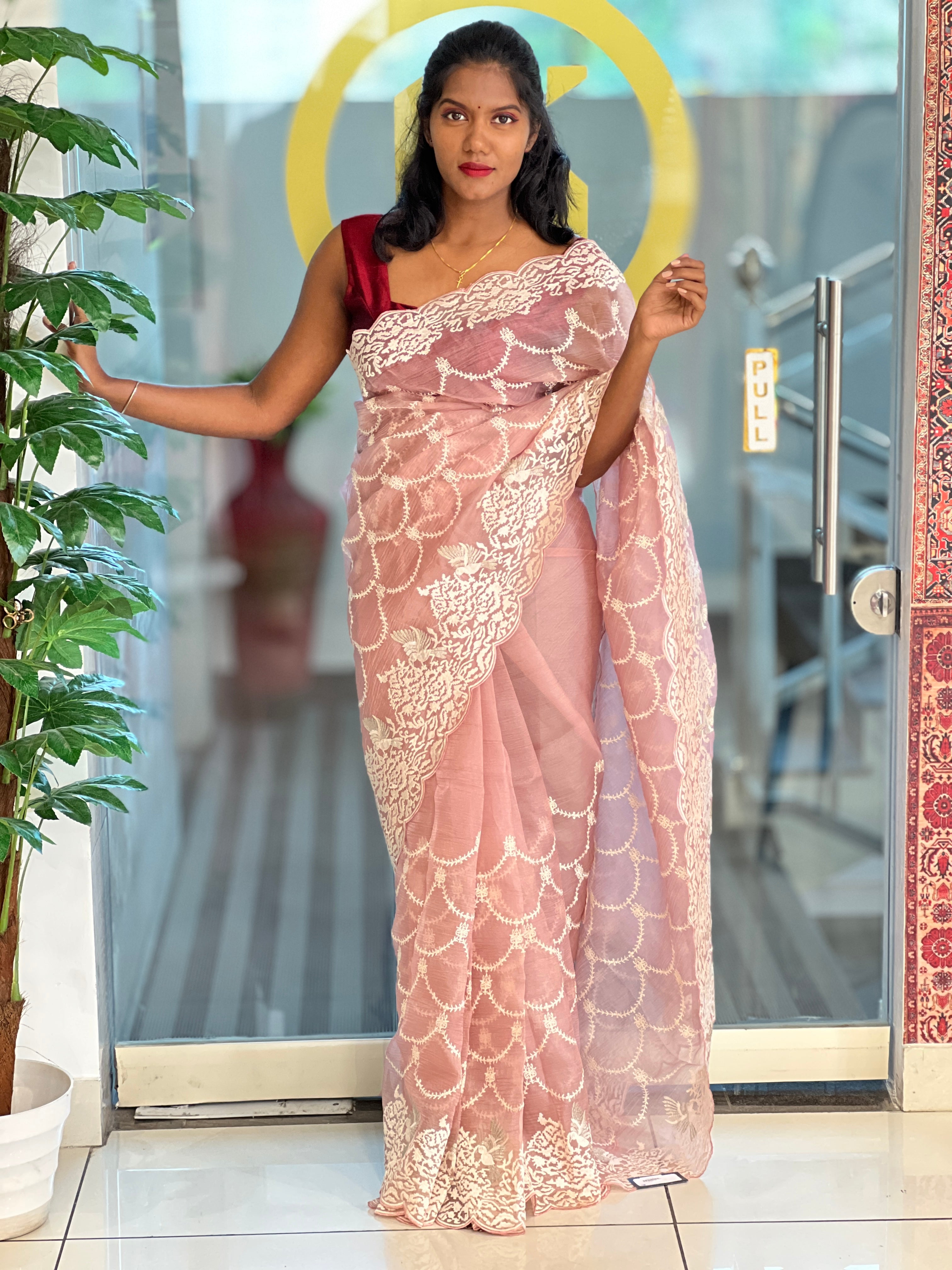 Machine Embroidery Crushed Shimmer Organza Saree | BLD1472