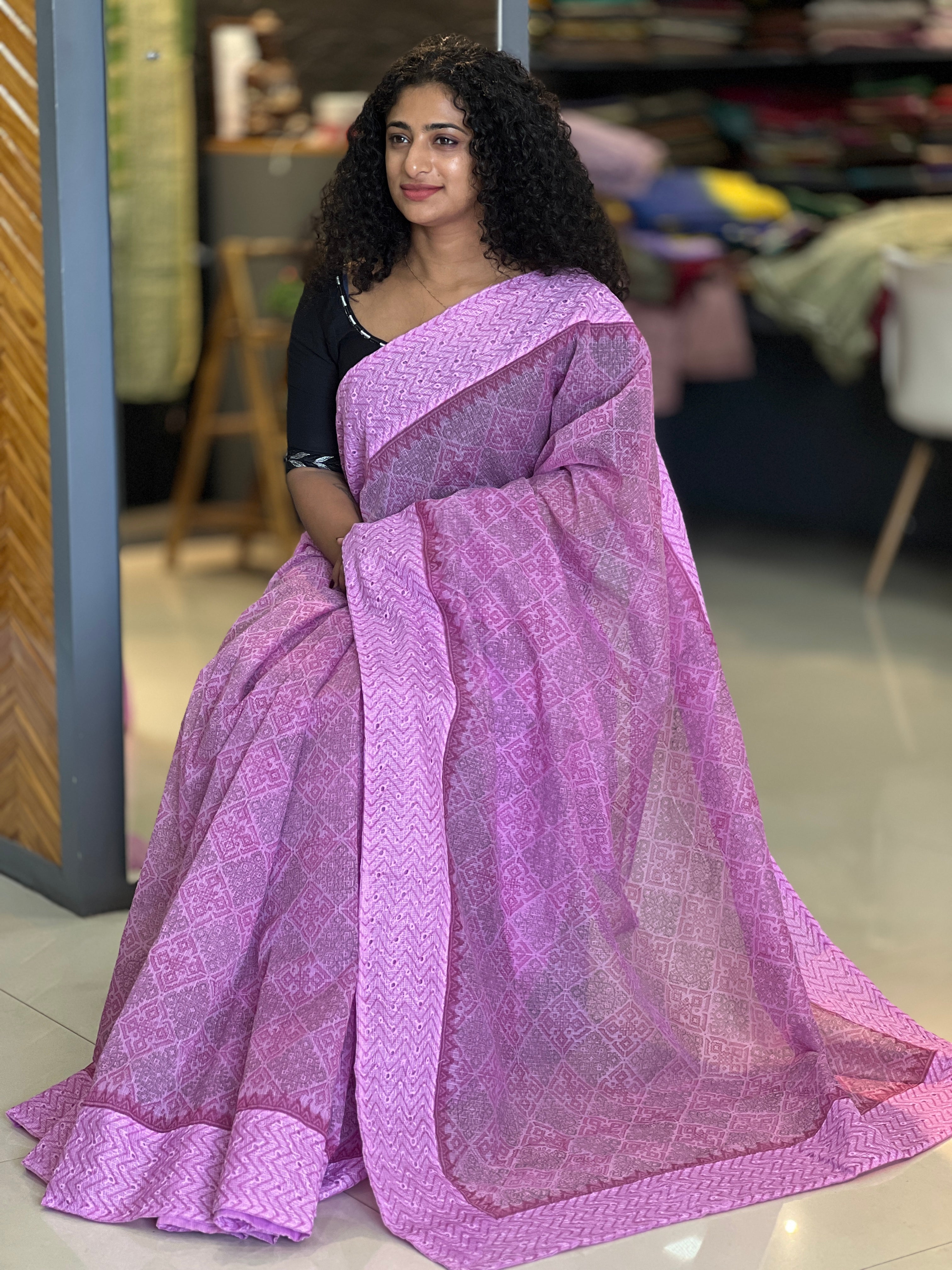 Block Printed & Shiffli Embroidery Silky Kota Saree | PF956