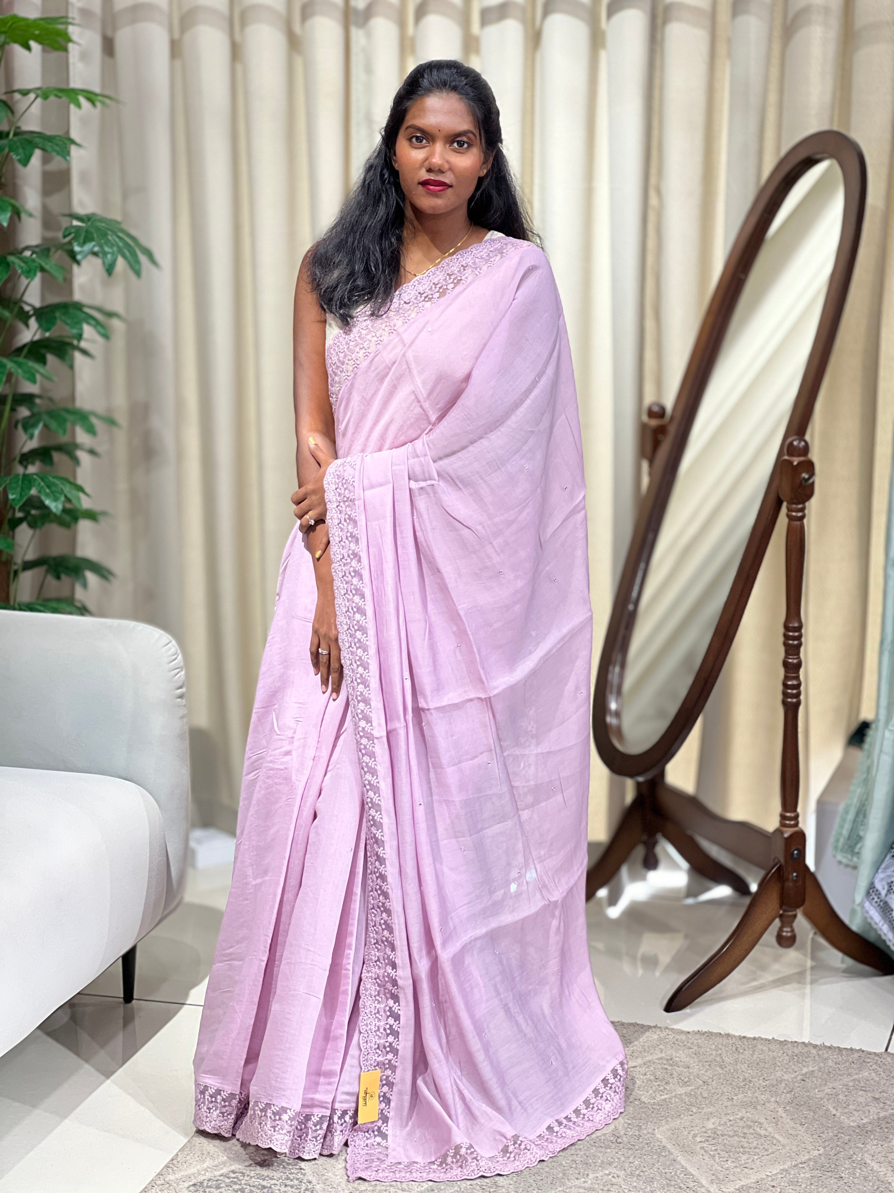 Mirror Work With Lace Detailed Viscose Organza Saree | BLD2131