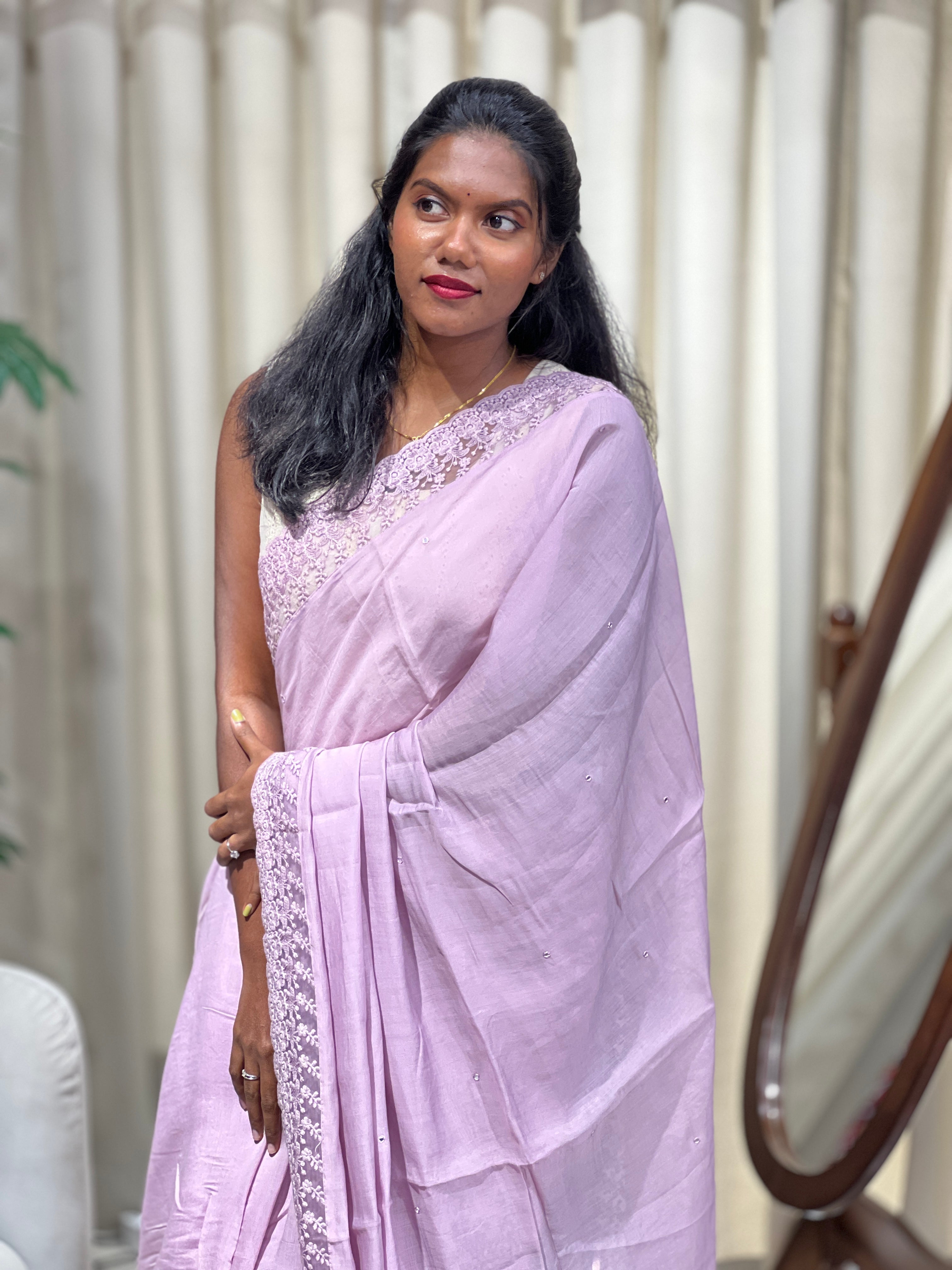 Mirror Work With Lace Detailed Viscose Organza Saree | BLD2131