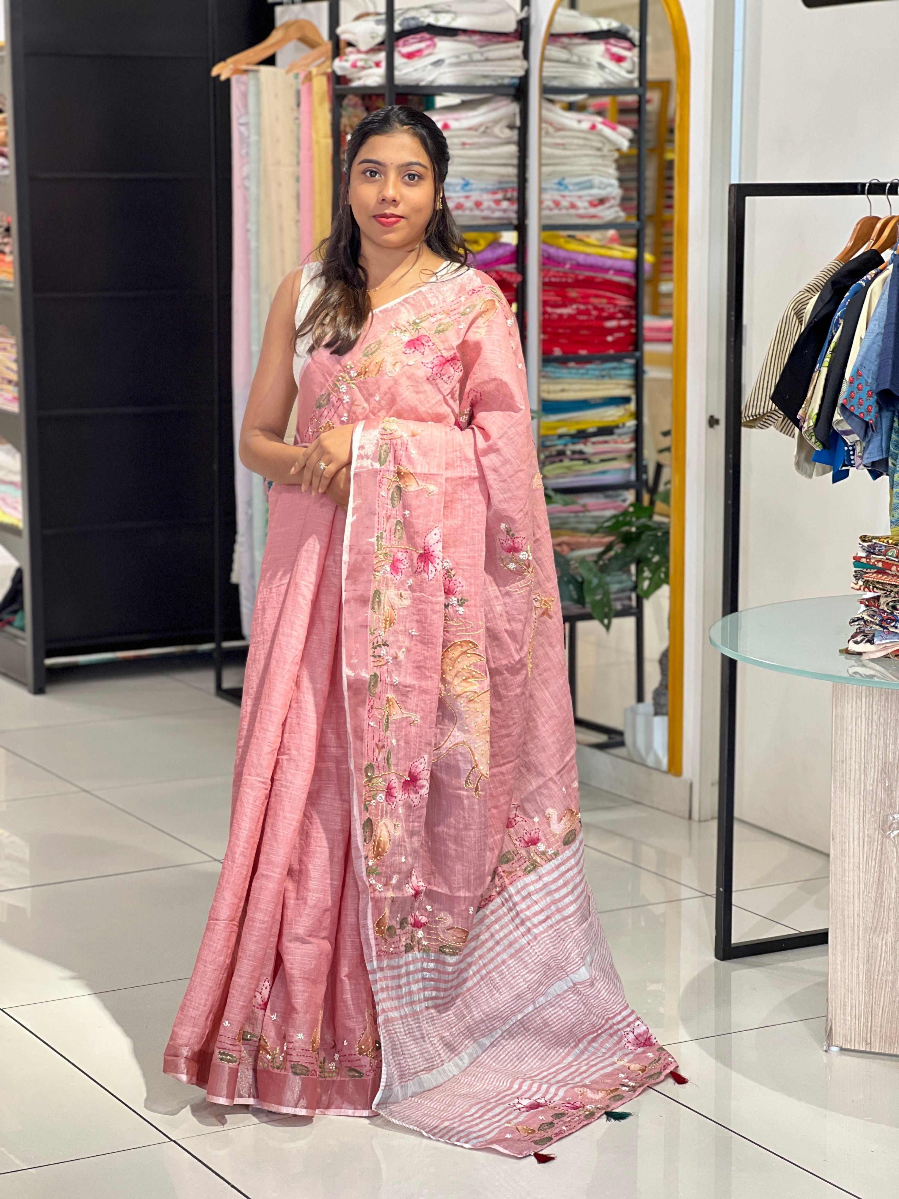 Hand Embroidered Painted Semi Linen Saree | RP821