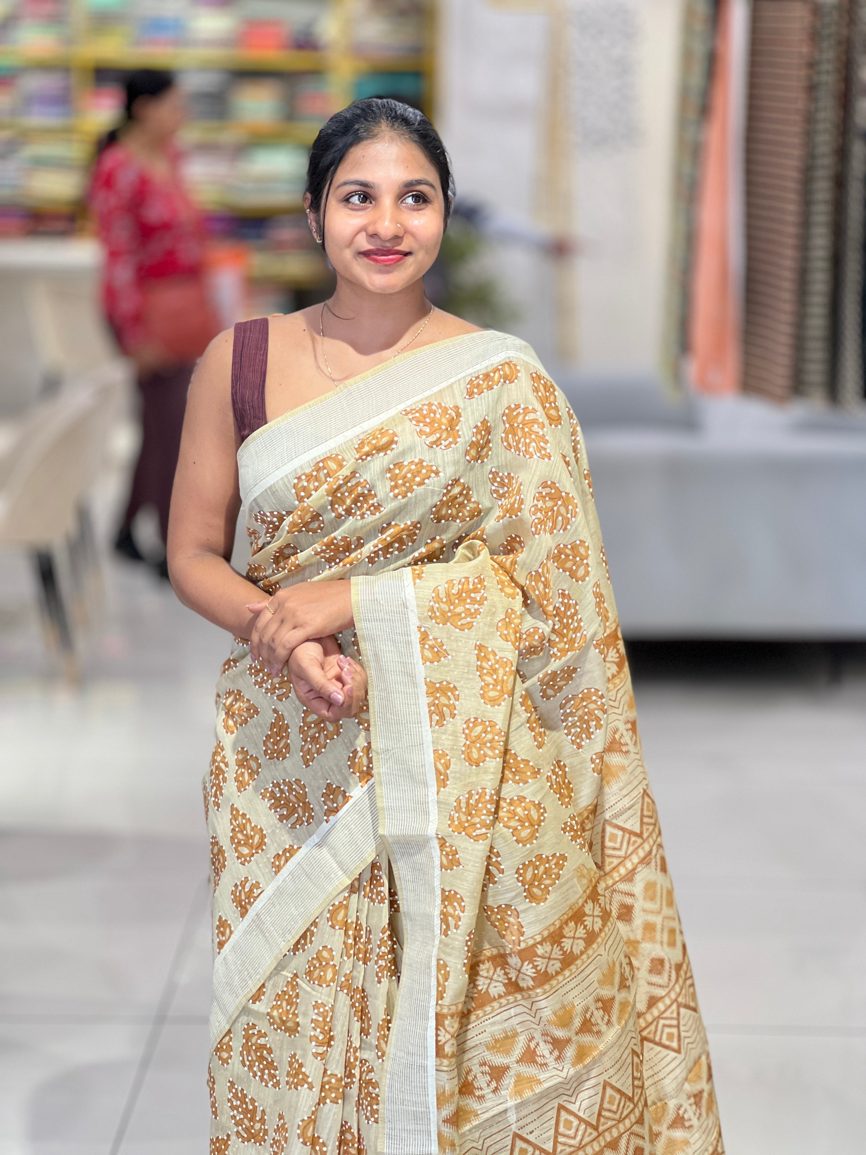 Digital Printed Leaf Patterned Cotton Saree | VDA327