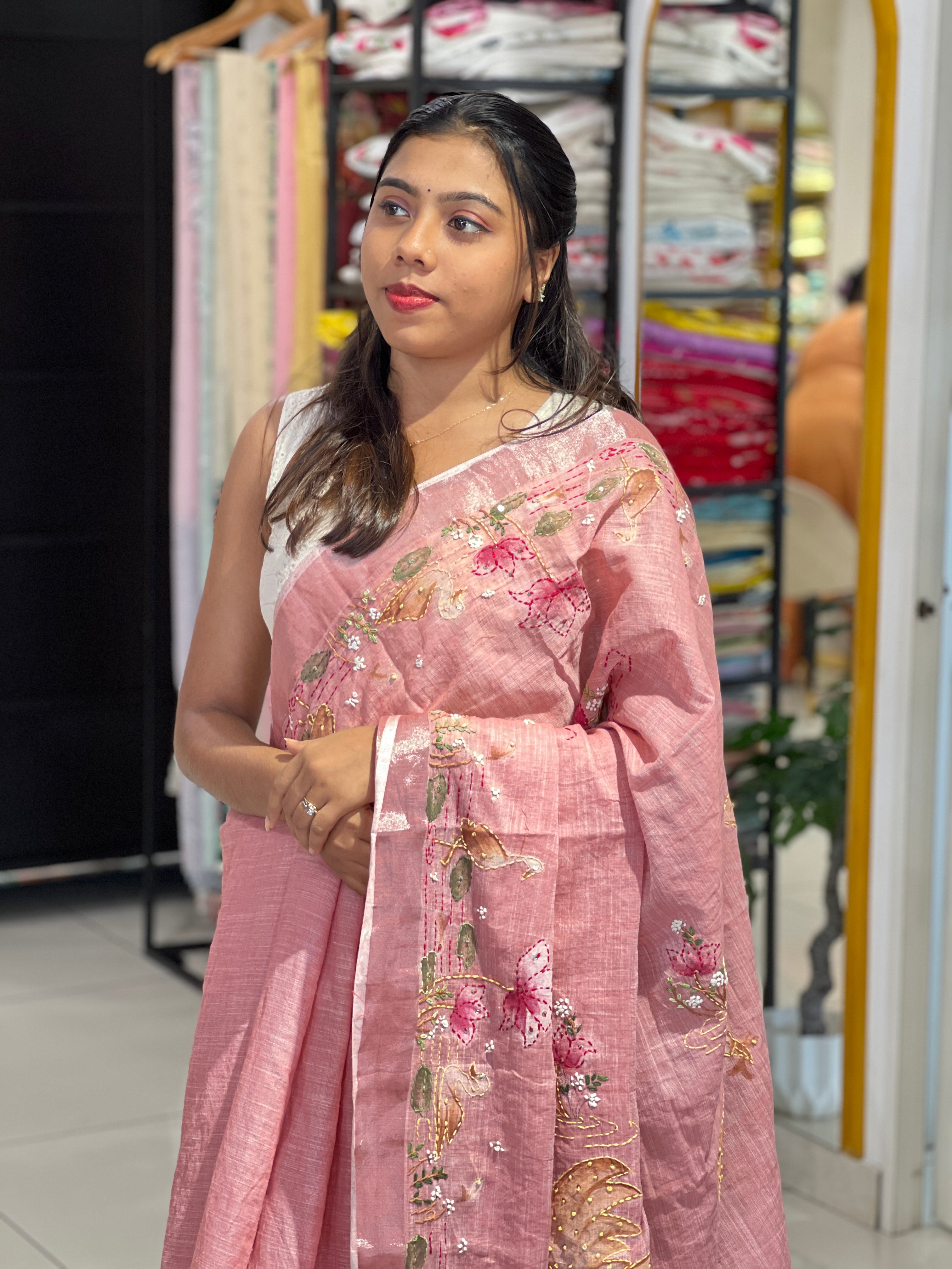 Hand Embroidered Painted Semi Linen Saree | RP821