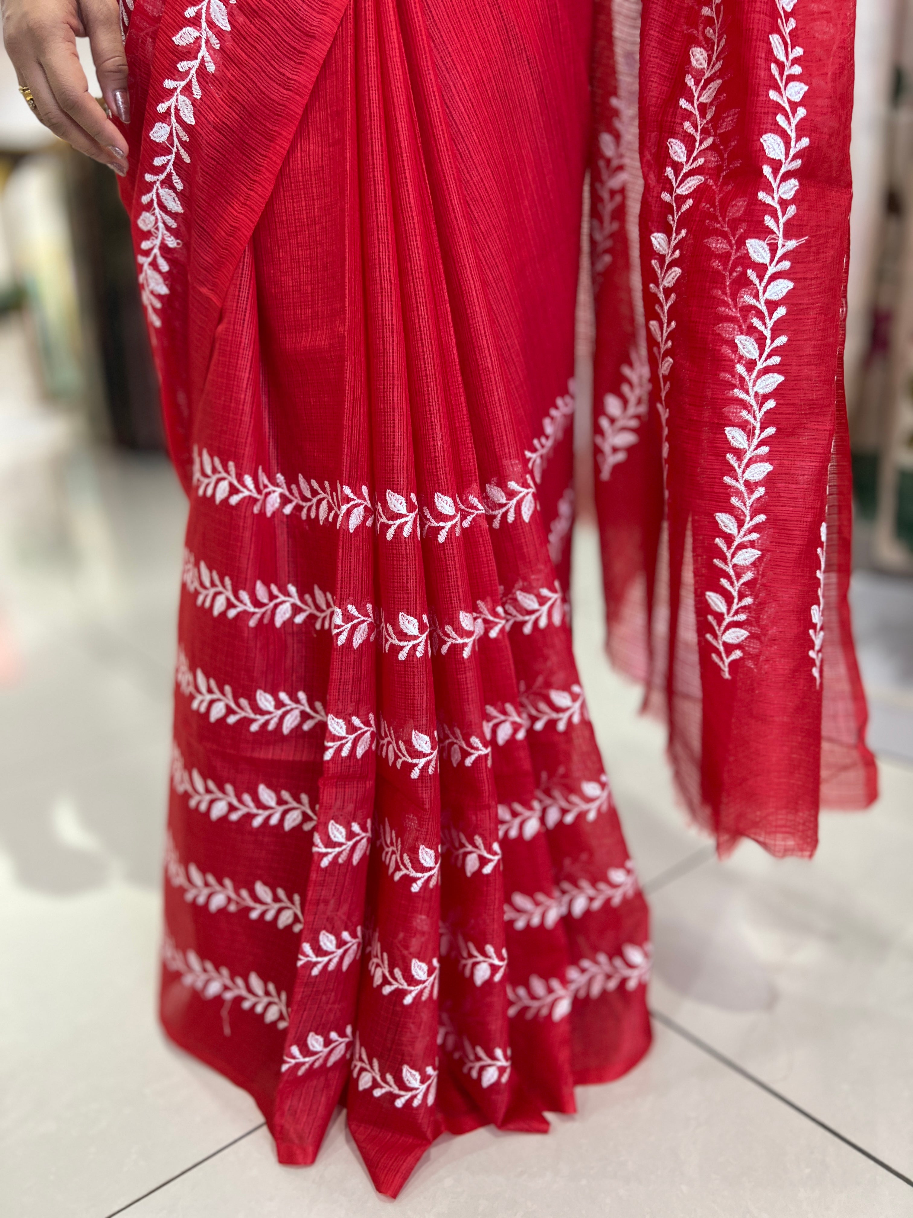 White Thread Floral Embroidery Design Silky Kota Saree  | NHH377