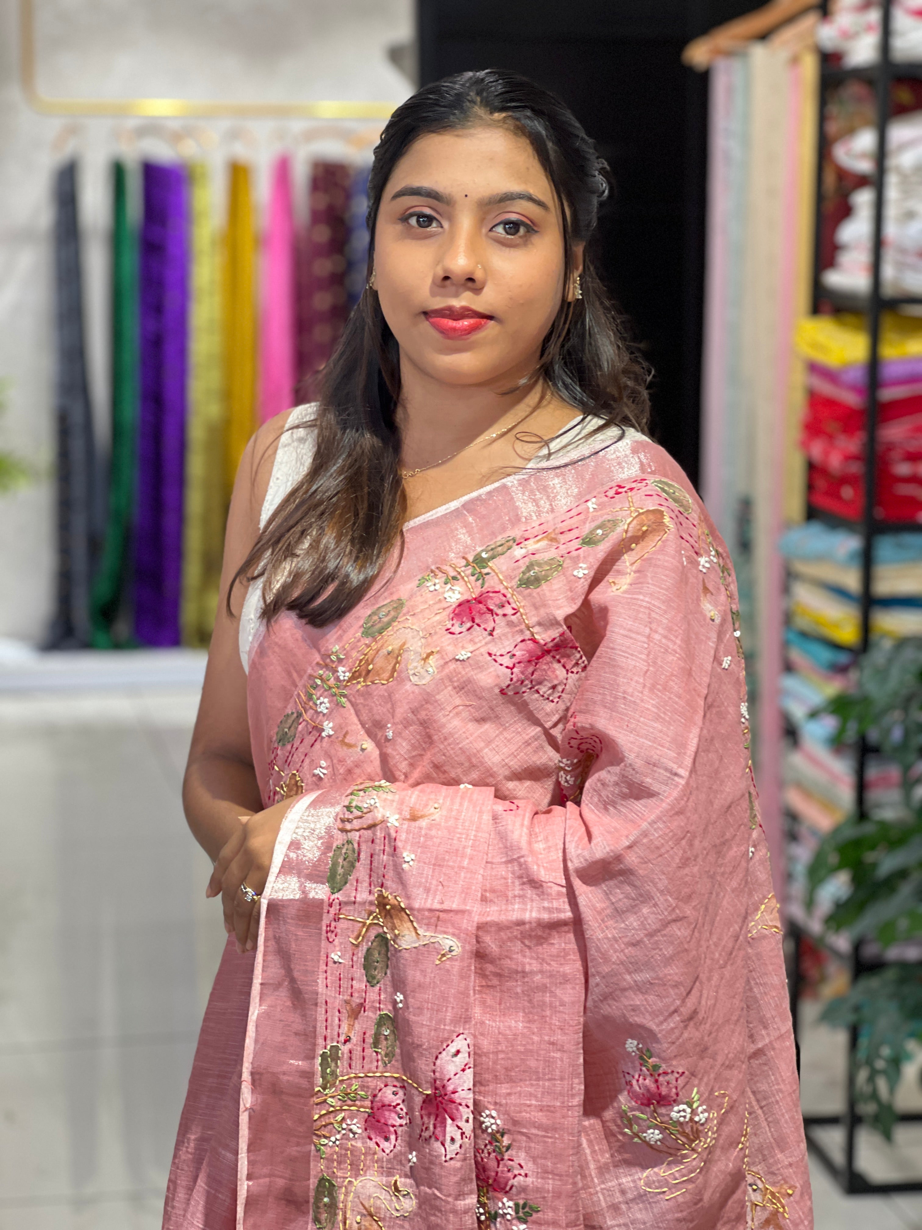 Hand Embroidered Painted Semi Linen Saree | RP821