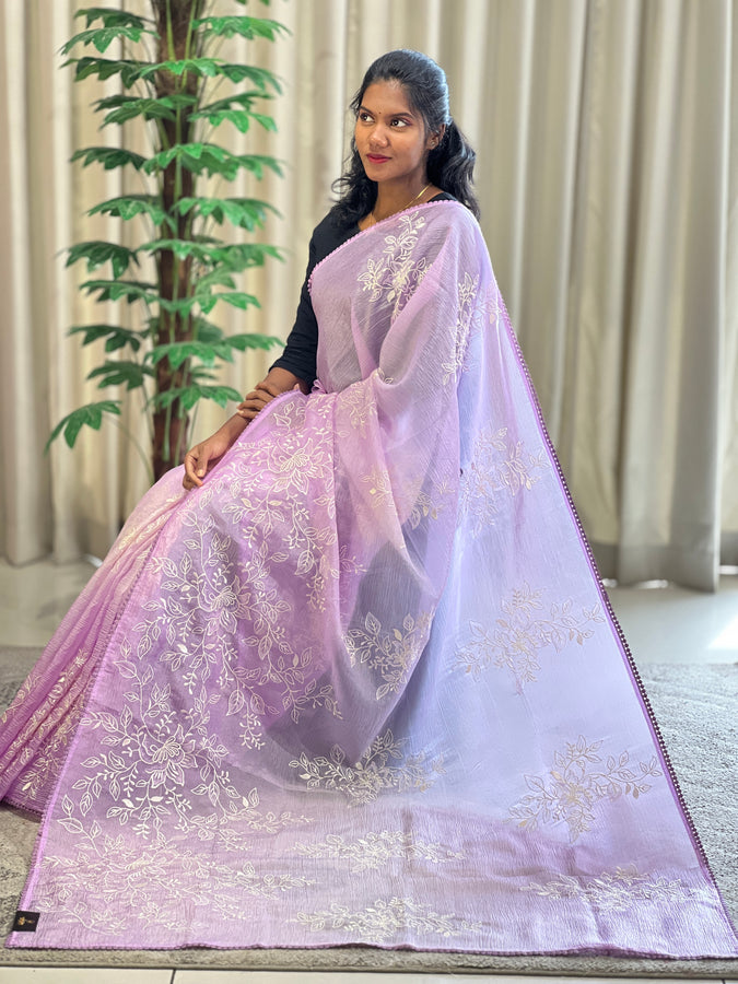 Floral Embroidery Shaded Patterned Crushed Organza Saree | BLD1480