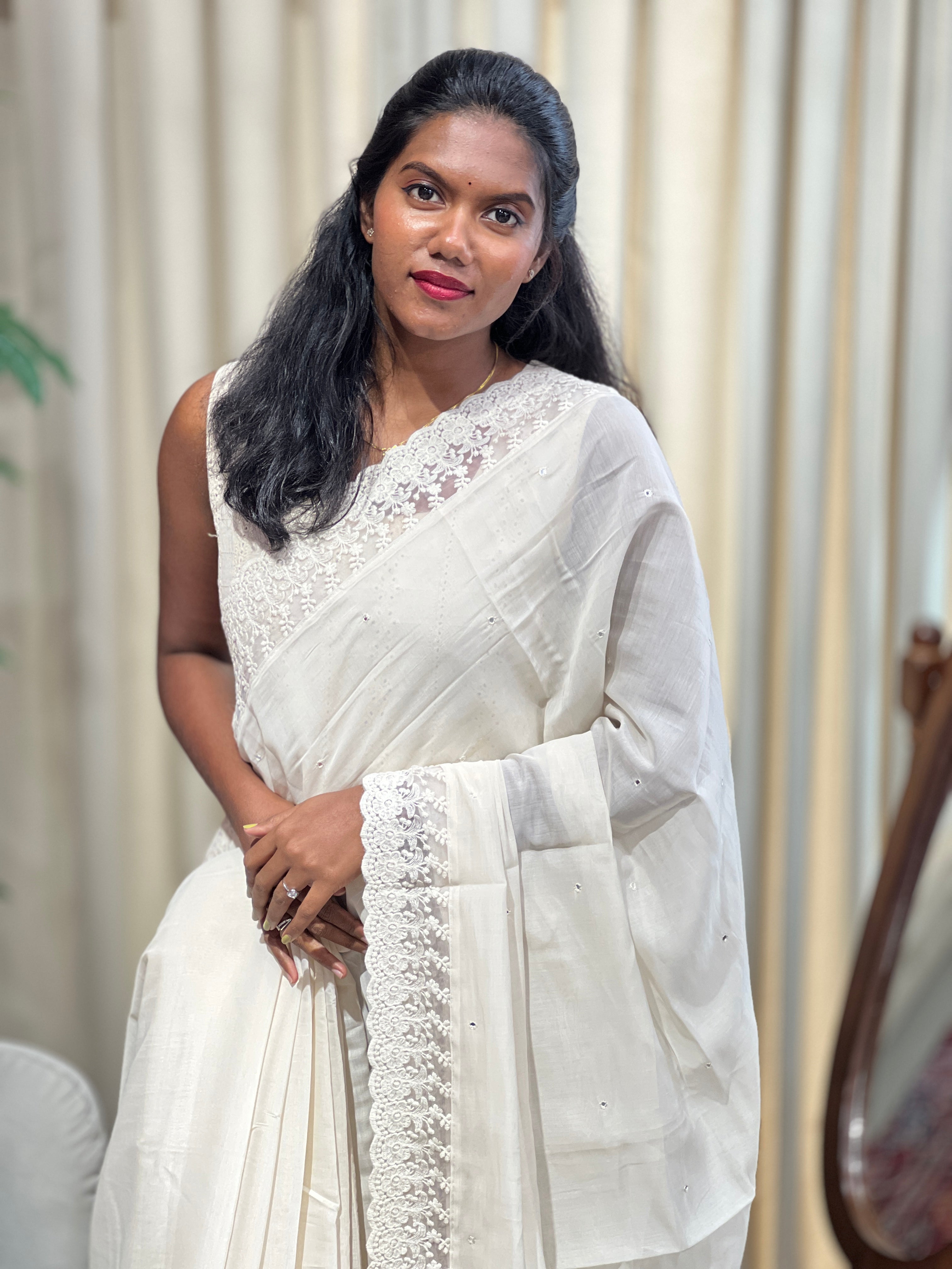 Mirror Work With Lace Detailed Viscose Organza Saree | BLD2132