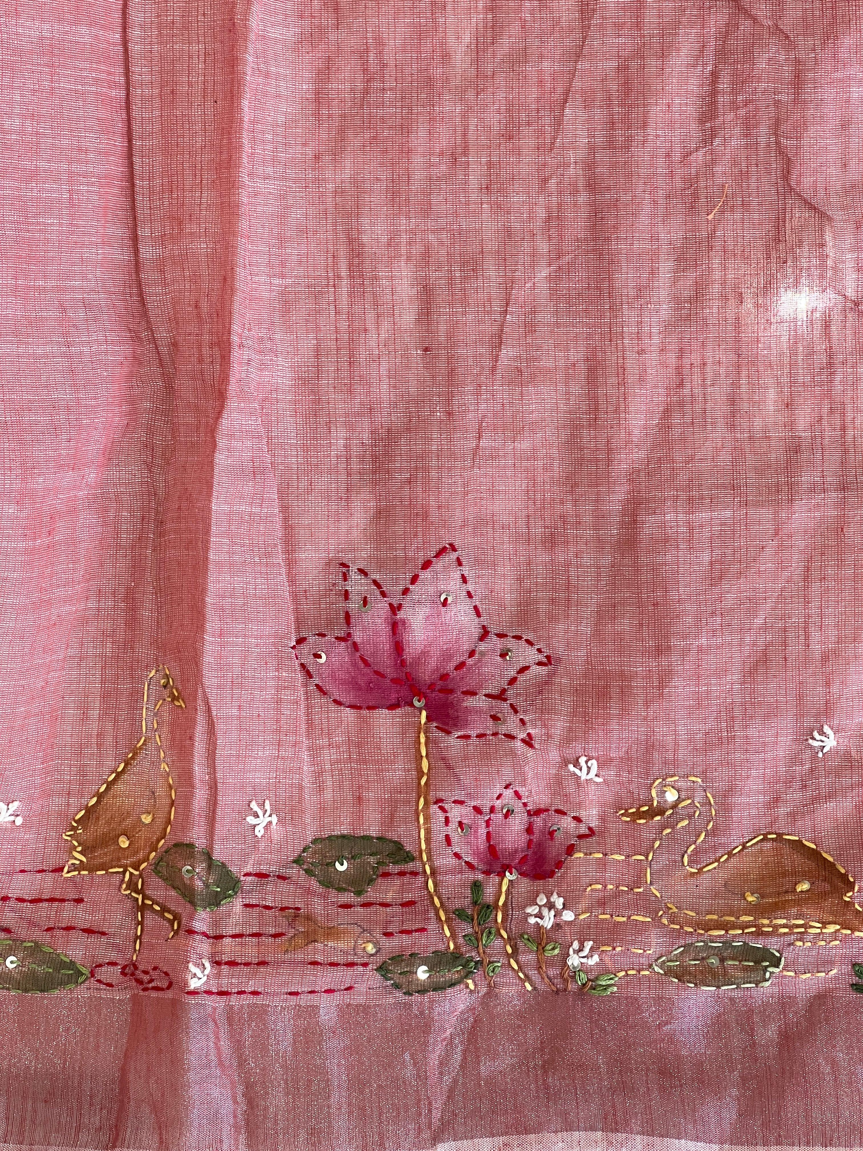 Hand Embroidered Painted Semi Linen Saree | RP821