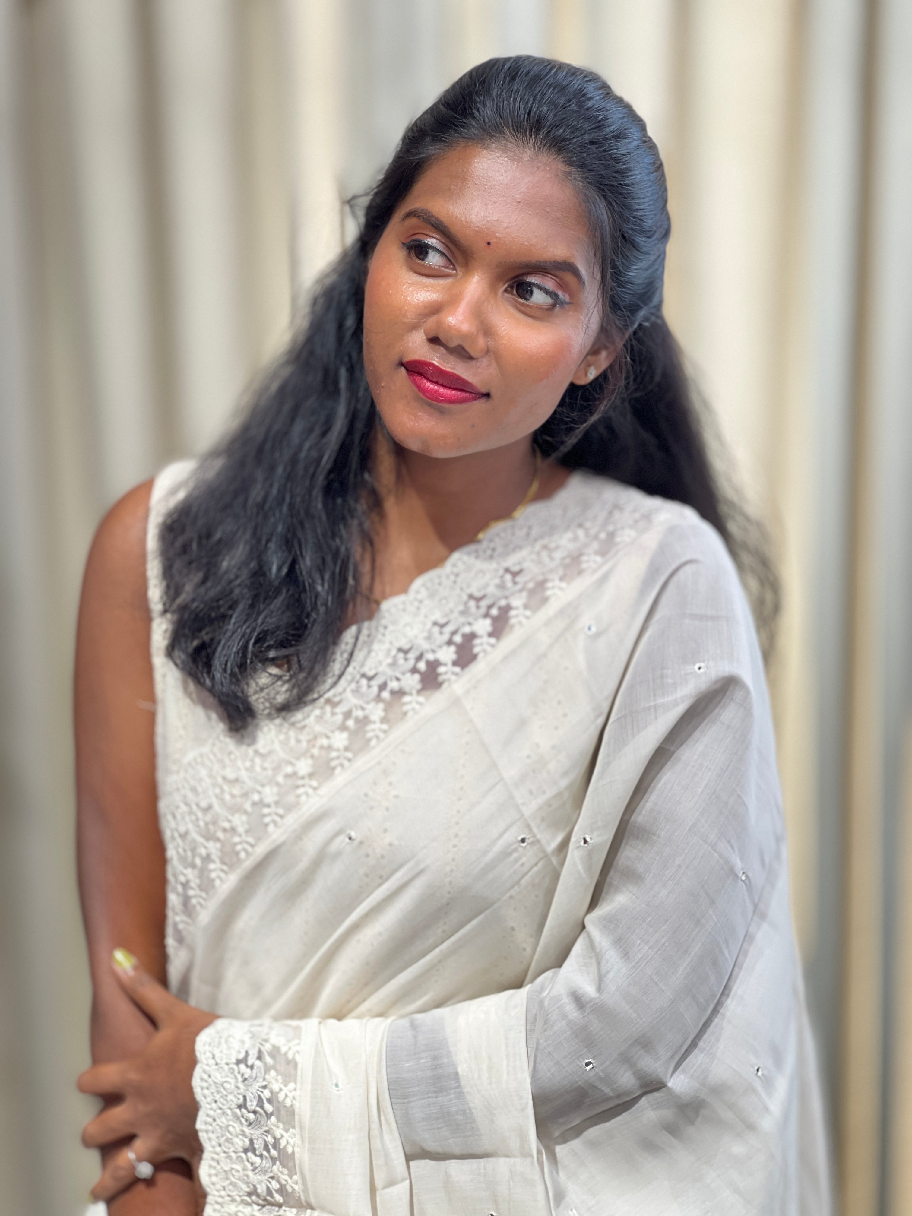 Mirror Work With Lace Detailed Viscose Organza Saree | BLD2132