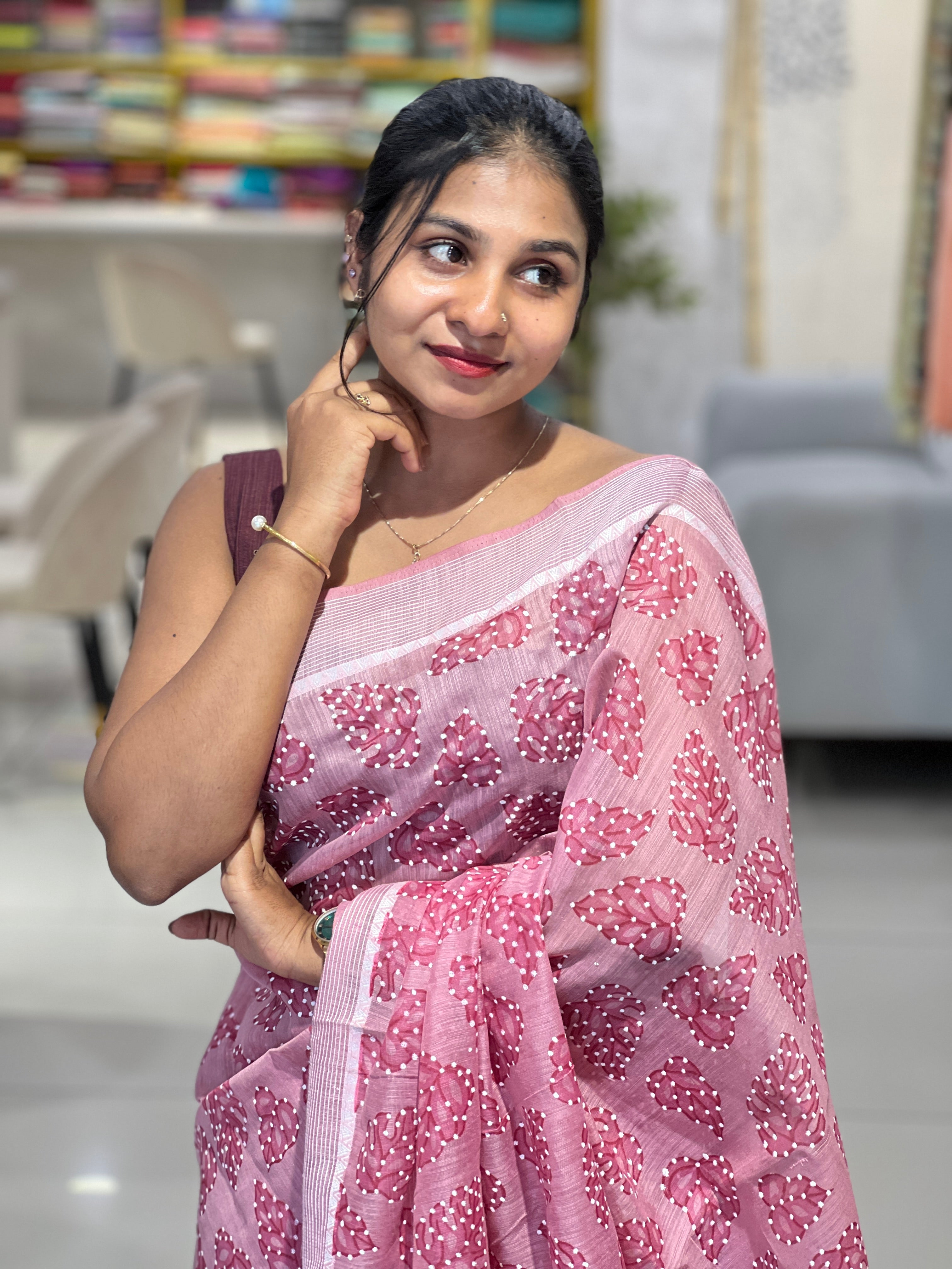Digital Printed Leaf Patterned Cotton Saree | VDA326
