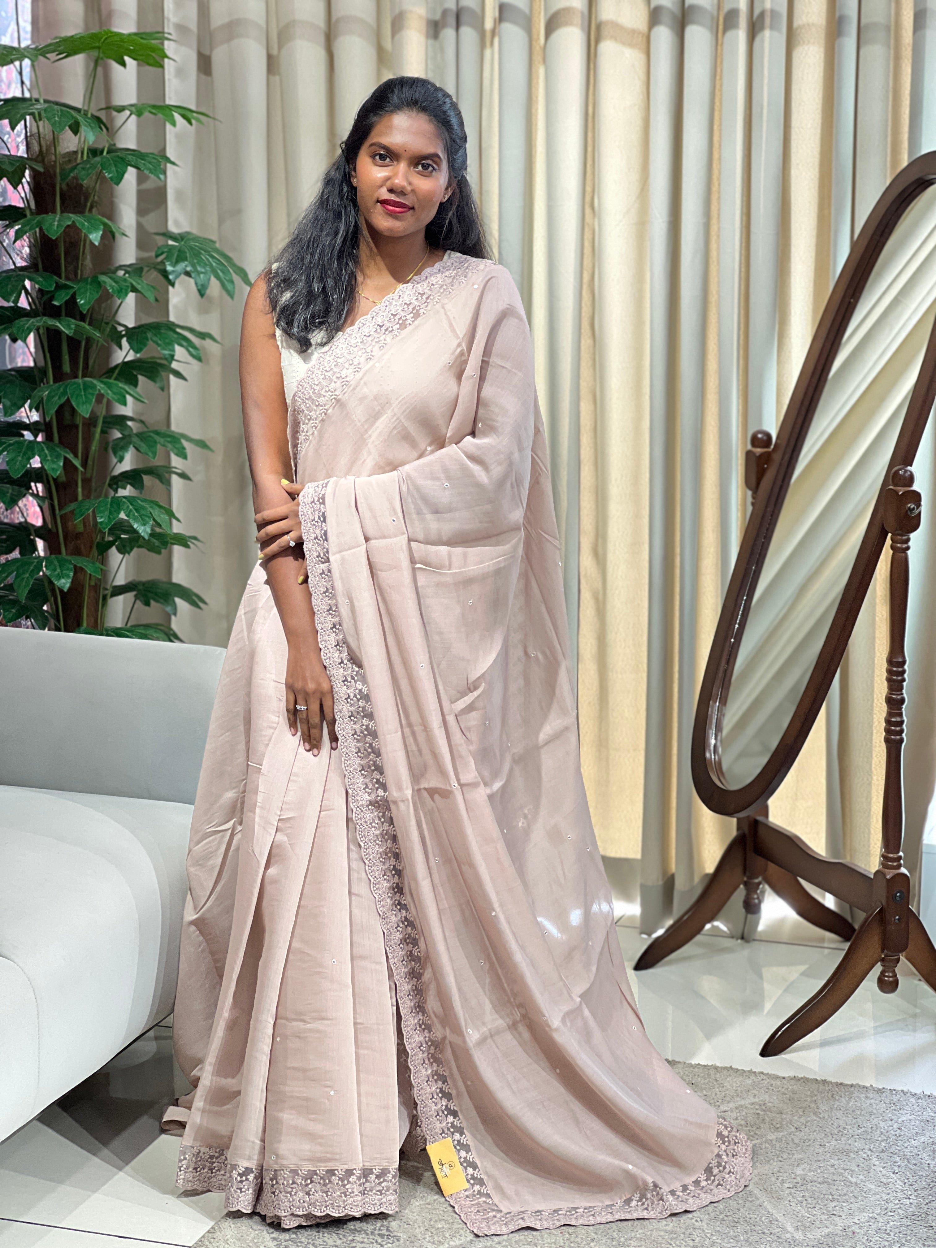 Mirror Work With Lace Detailed Viscose Organza Saree | BLD2129