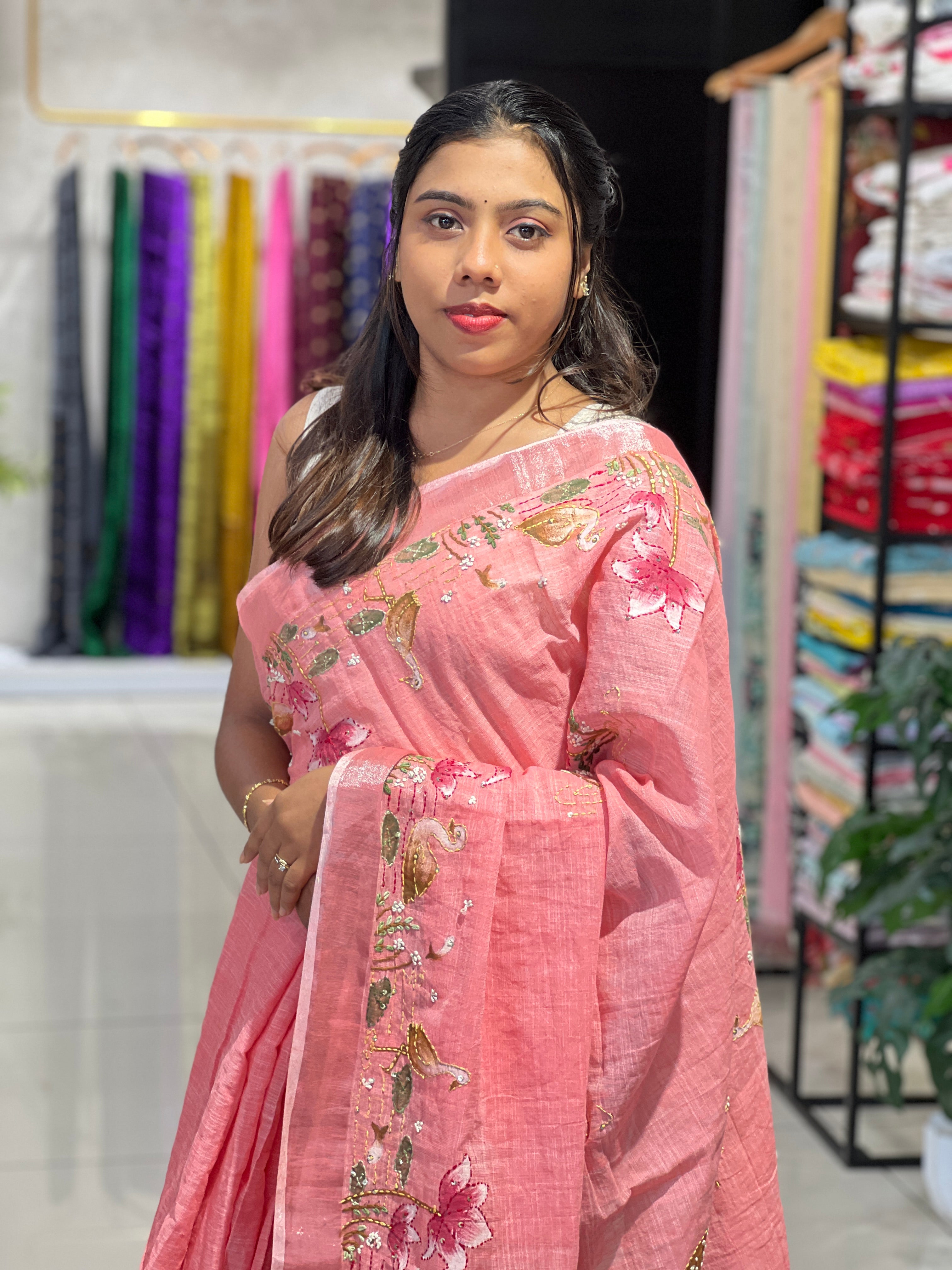 Hand Embroidered Painted Semi Linen Saree | RP822